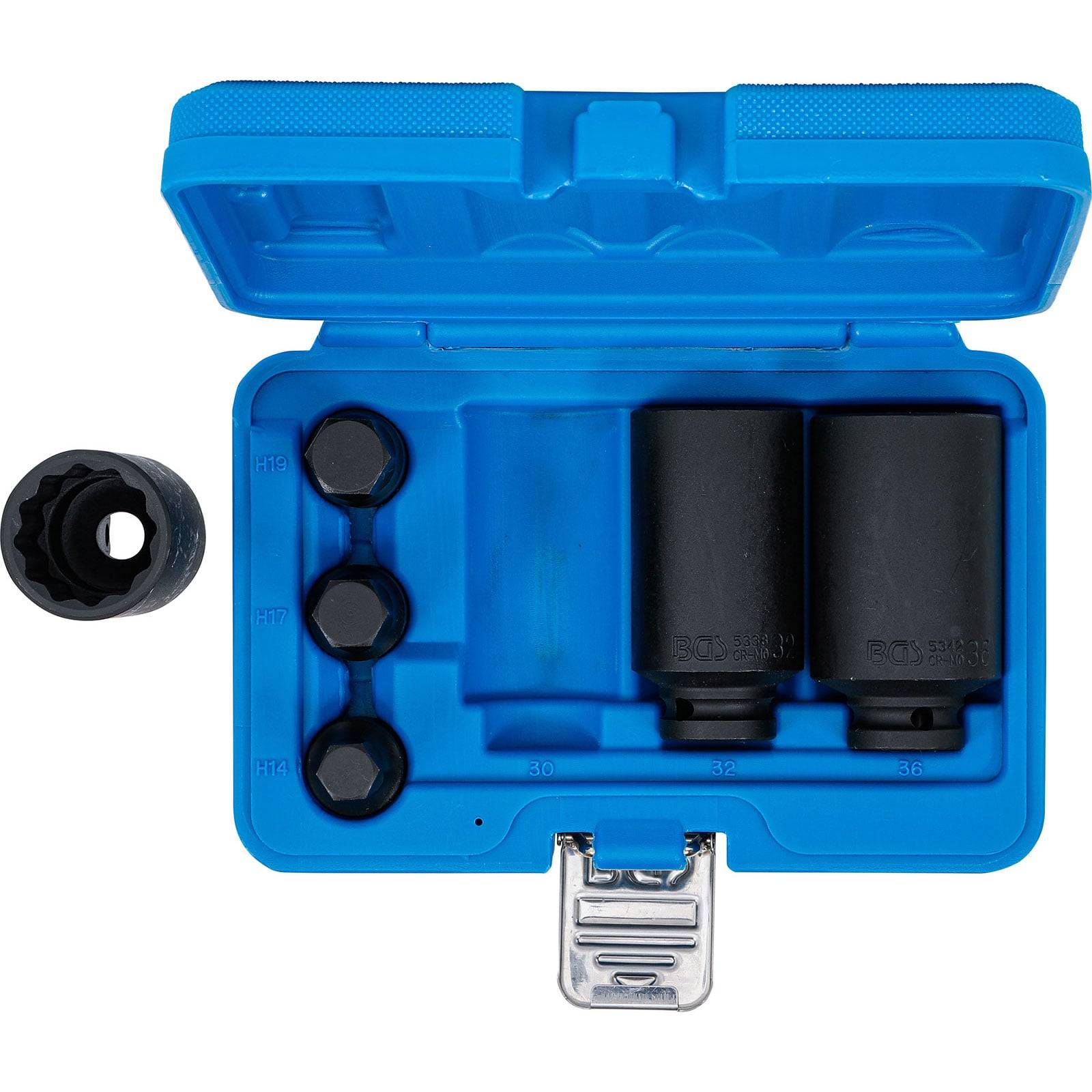 Ein blauer Werkzeugkoffer mit zwei großen und vier kleinen schwarzen Aufnahmen, verwendet zum Entfernen beschädigter Radmuttern. Der Koffer verfügt über einen Verschluss für sicheren Verschluss.