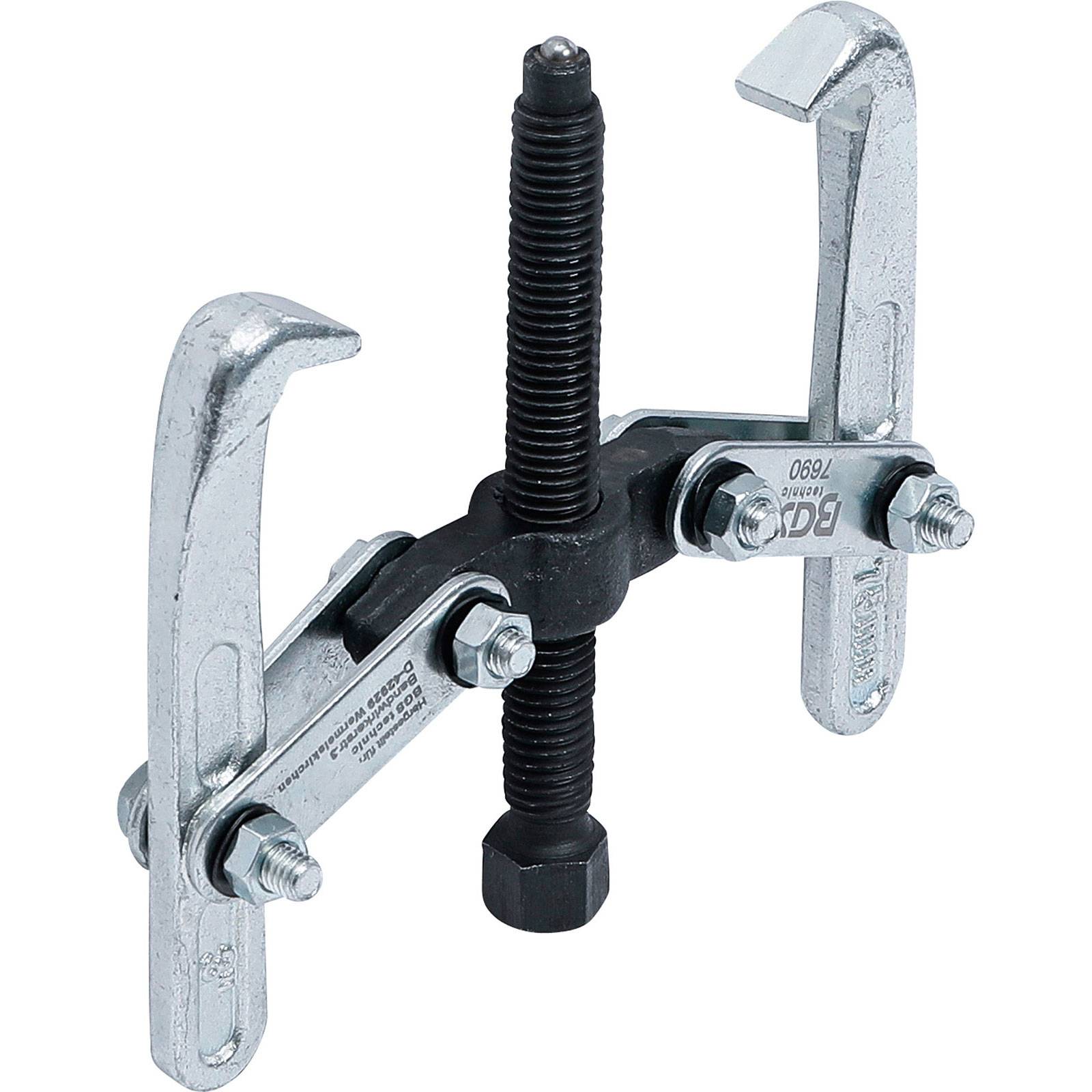 Ein Metallzahnradabzieher mit zwei Armen und einer zentralen Schraube, der zum Entfernen von Zahnrädern und Riemenscheiben von Wellen in mechanischen Anwendungen verwendet wird.