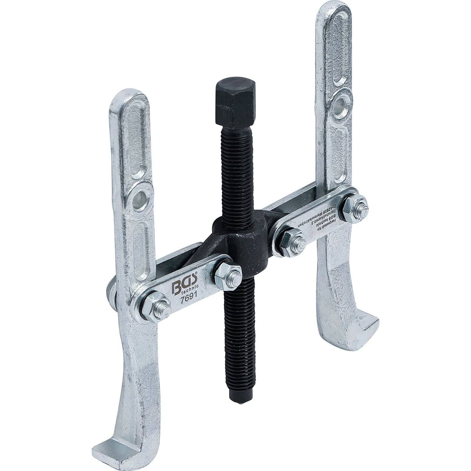 Ein Zweikiefer-Zahnradabzieher mit einer zentralen Gewindestange und zwei verstellbaren Armen, der zum Abnehmen von Zahnrädern oder Riemenscheiben von Wellen verwendet wird.