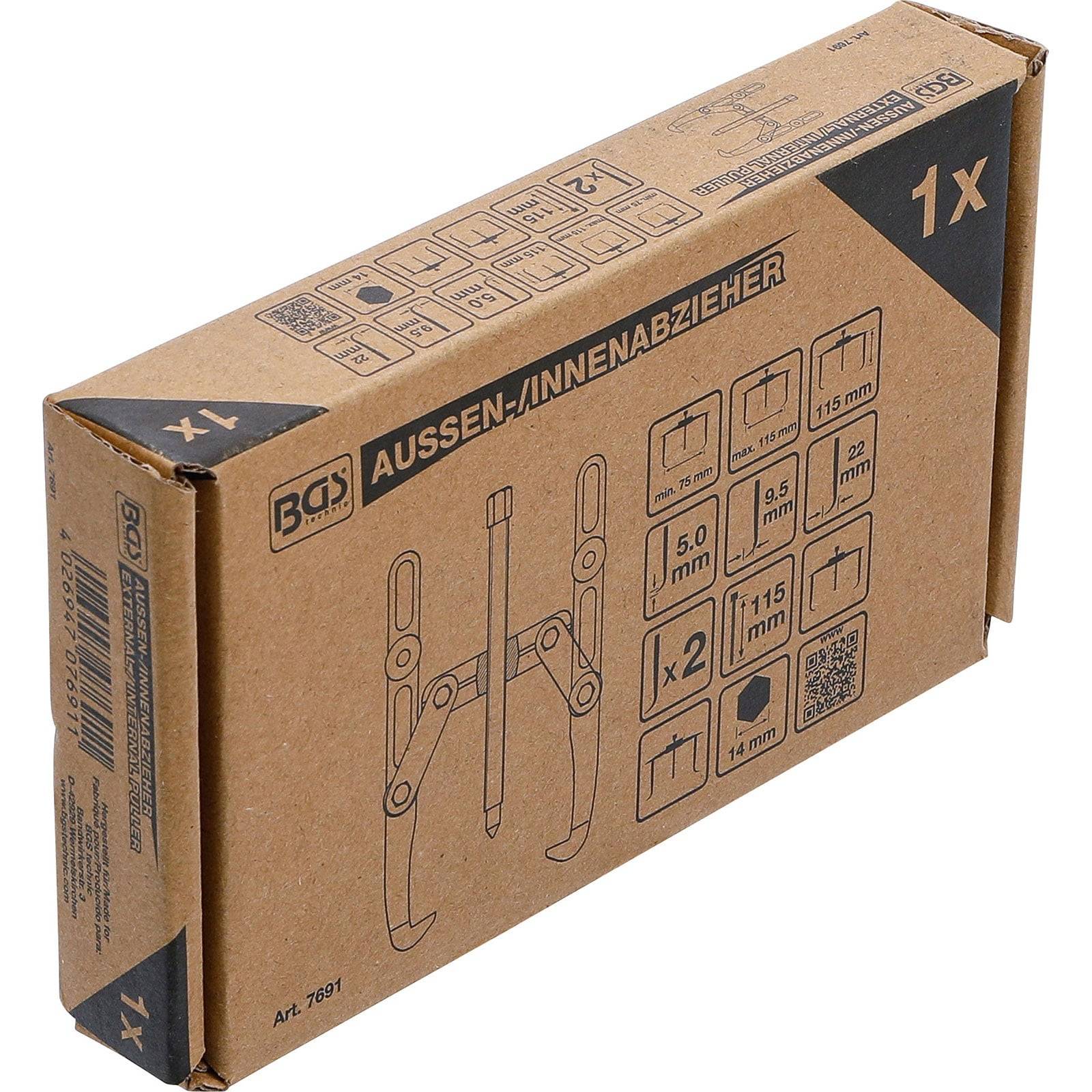 Karton eines Zahnradabzieher-Sets mit Diagrammen und Spezifikationen: enthält Abzieher von 5,0 mm bis 115 mm, zwei Stück pro Größe, 1x Set.