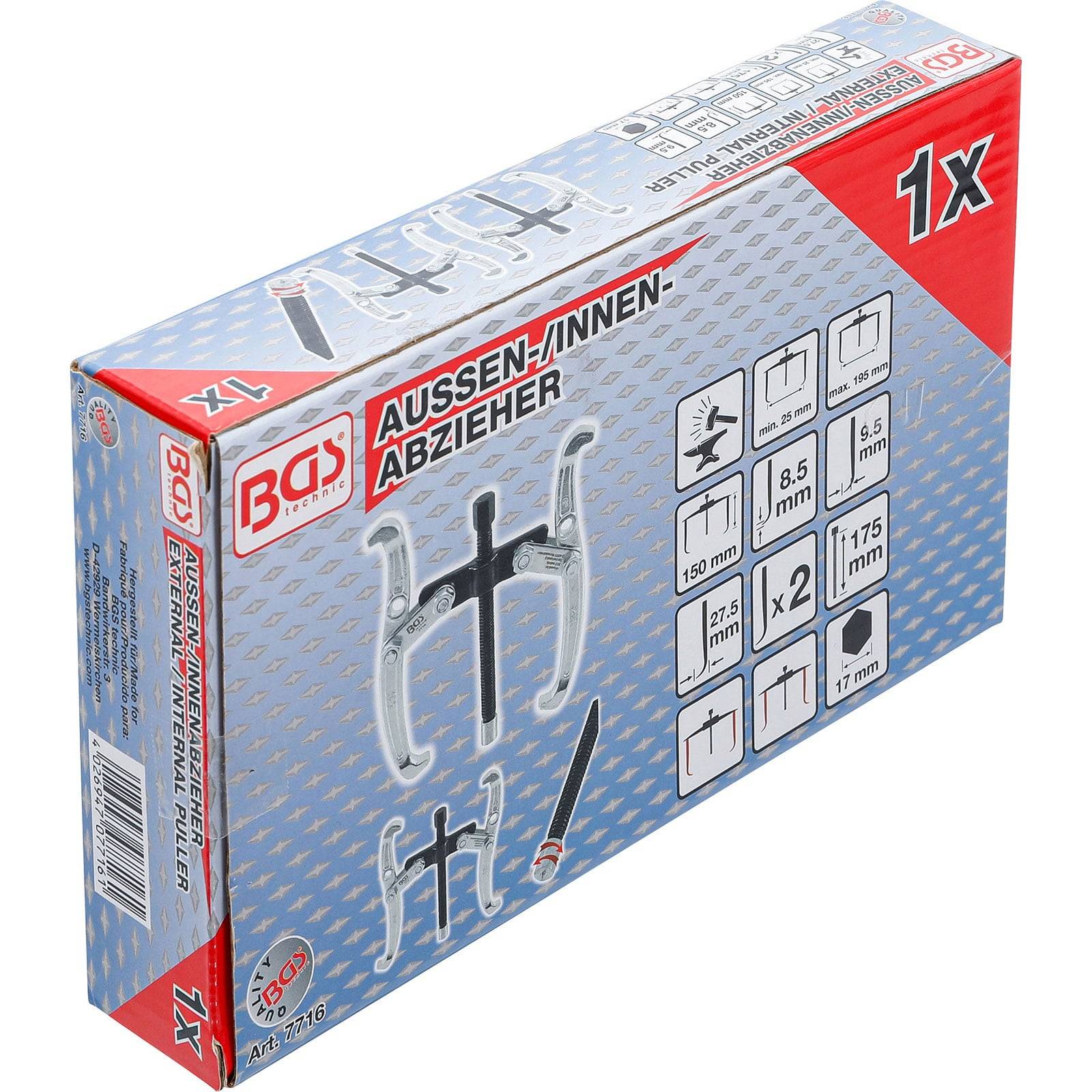 Box mit Beschriftung 'Aussen/Innen Abzieher'. Enthält Bilder von Abzieherwerkzeugen mit Maßen: 150 mm, 8,5 mm, 17,5 mm, 17 mm. Marke: BGS.