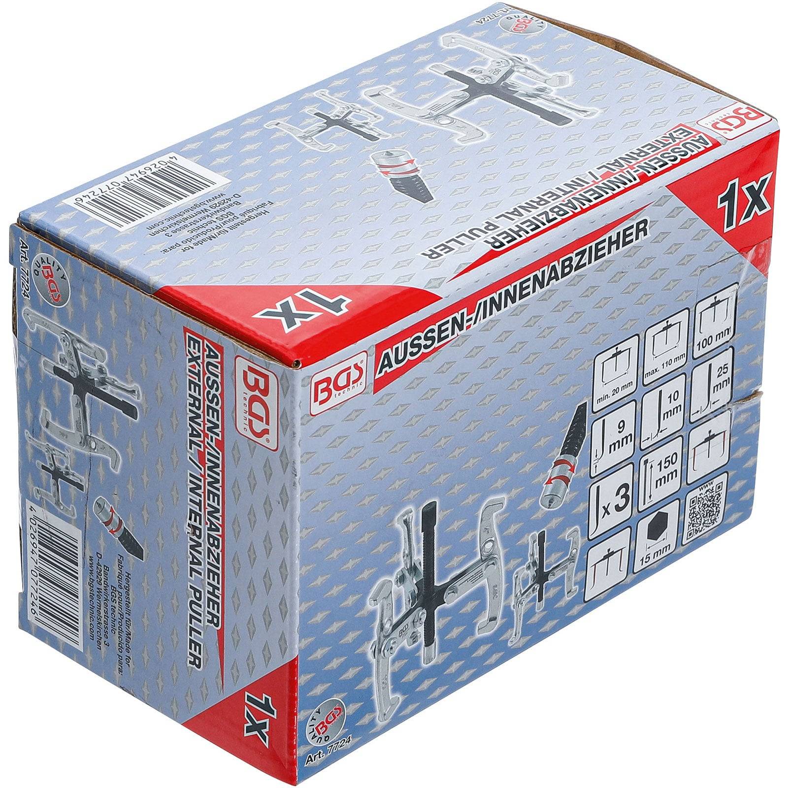 Das Bild zeigt eine Verpackung eines BGS Innen- und Außenabzieher-Sets, das eine Abbildung des Werkzeugs und technische Spezifikationen auf Deutsch enthält.