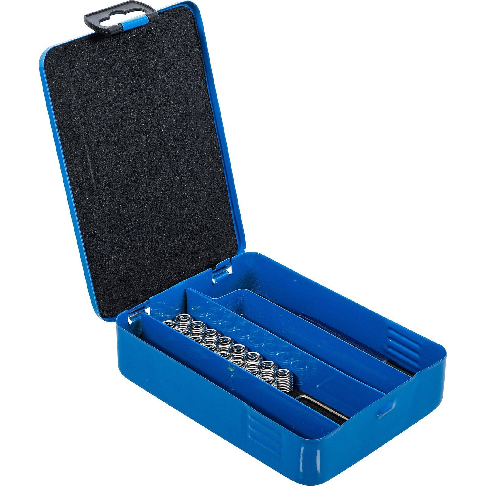 Eine blaue offene Box mit einem organisierten Satz aus Metallfedern in verschiedenen Größen, geeignet für mechanische oder handwerkliche Zwecke.