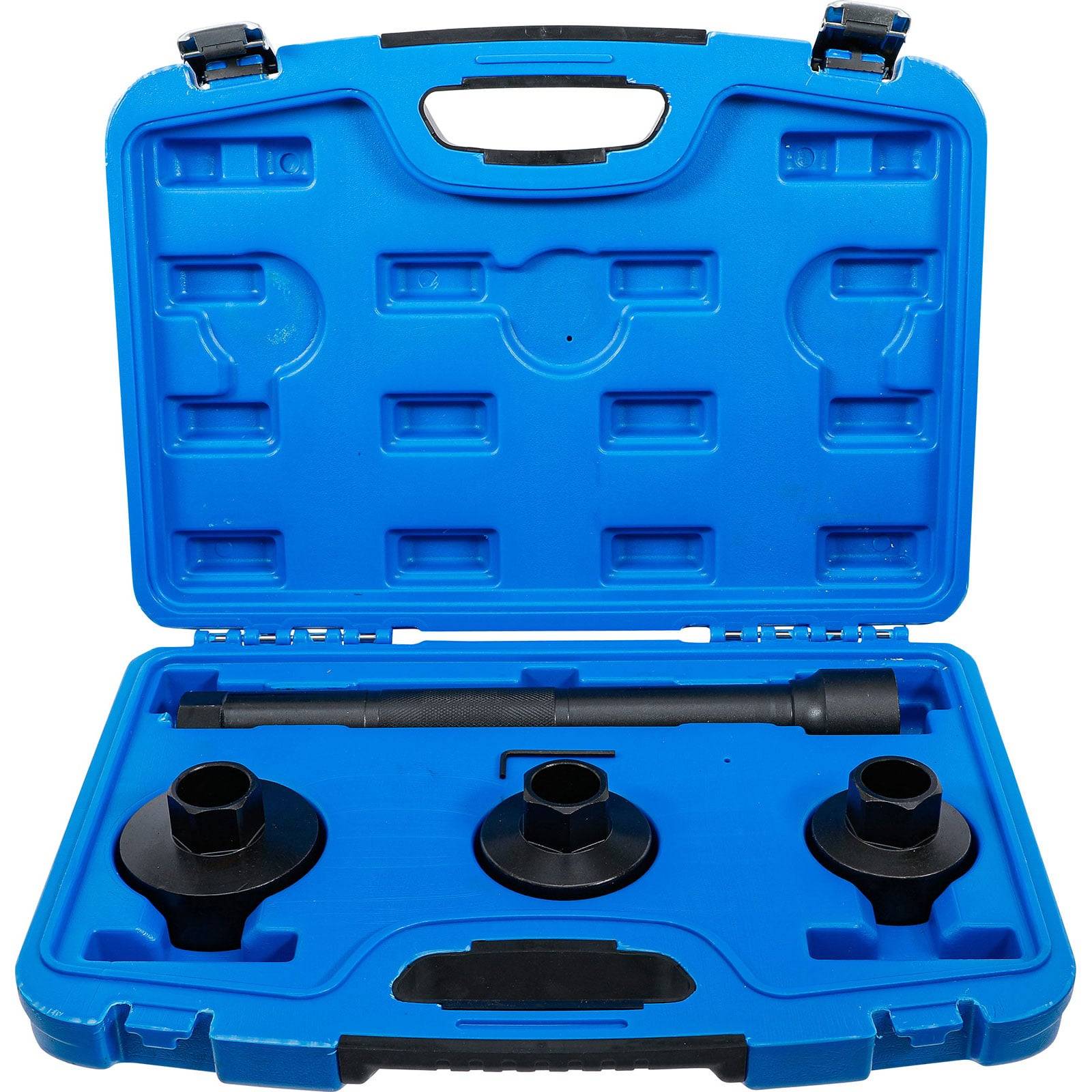 Ein blauer Kunststoff-Werkzeugkasten, offen, um ein langes Metallewerkzeug und drei kreisförmige Aufsätze im Inneren zu zeigen, entwickelt für spezifische mechanische Zwecke.