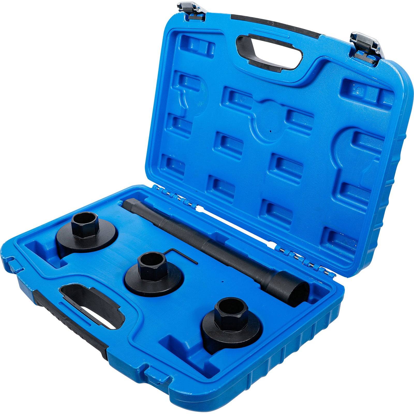 Ein blaues Hartkunststoffgehäuse mit einem Automotivsatz von Werkzeugen mit verschiedenen Adaptern und Verlängerungen, der für spezifische Wartungsaufgaben an Fahrzeugen konzipiert ist.