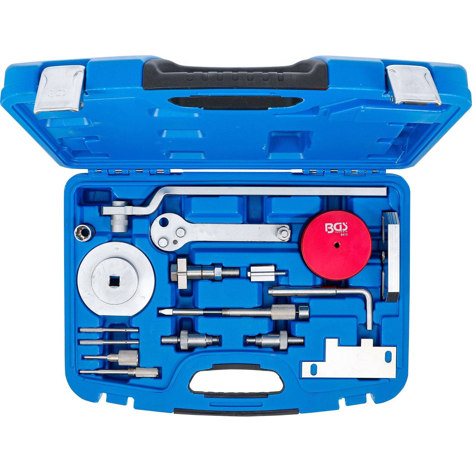Eine blaue Werkzeugkiste, die verschiedene Autobetriebswerkzeuge enthält, darunter einen Schraubenschlüssel, Steckschlüssel und einen roten Messwertgeber, organisiert für die Motorwartung.