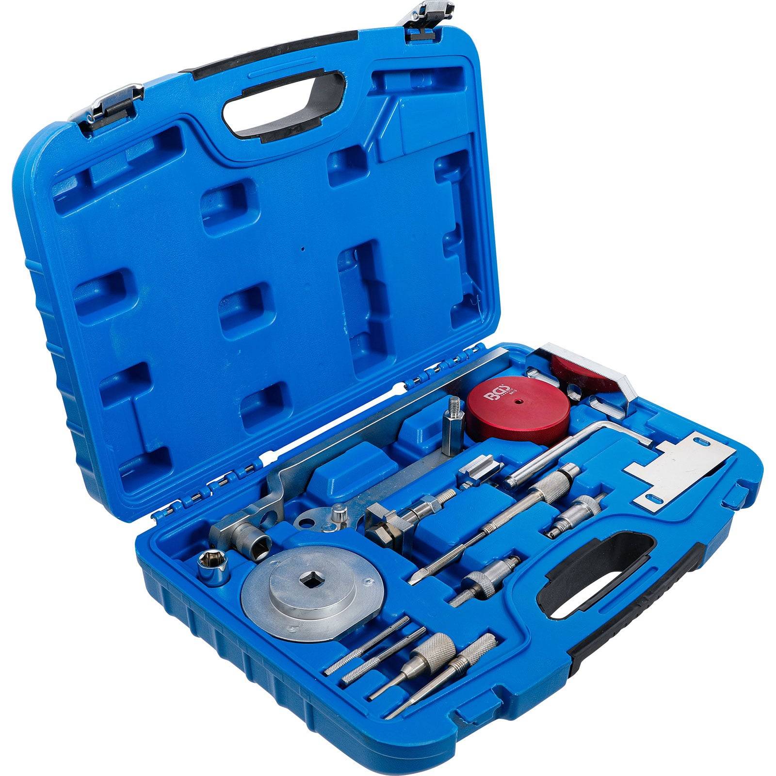 Ein blauer Kunststoffkoffer, der verschiedene Autoteile-Werkzeuge enthält, darunter Steckschlüssel und eine Scheibe, systematisch für Motor-Wartungs- oder Reparaturarbeiten organisiert.
