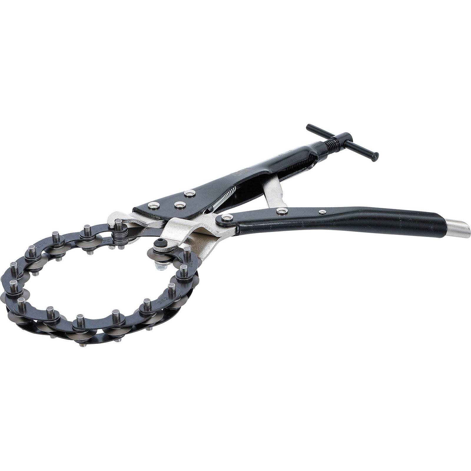 Ein Rohrzange mit Metallkette zum Greifen von Rohren, ausgestattet mit einem schwarzen Griff und einem verstellbaren Spannmechanismus.