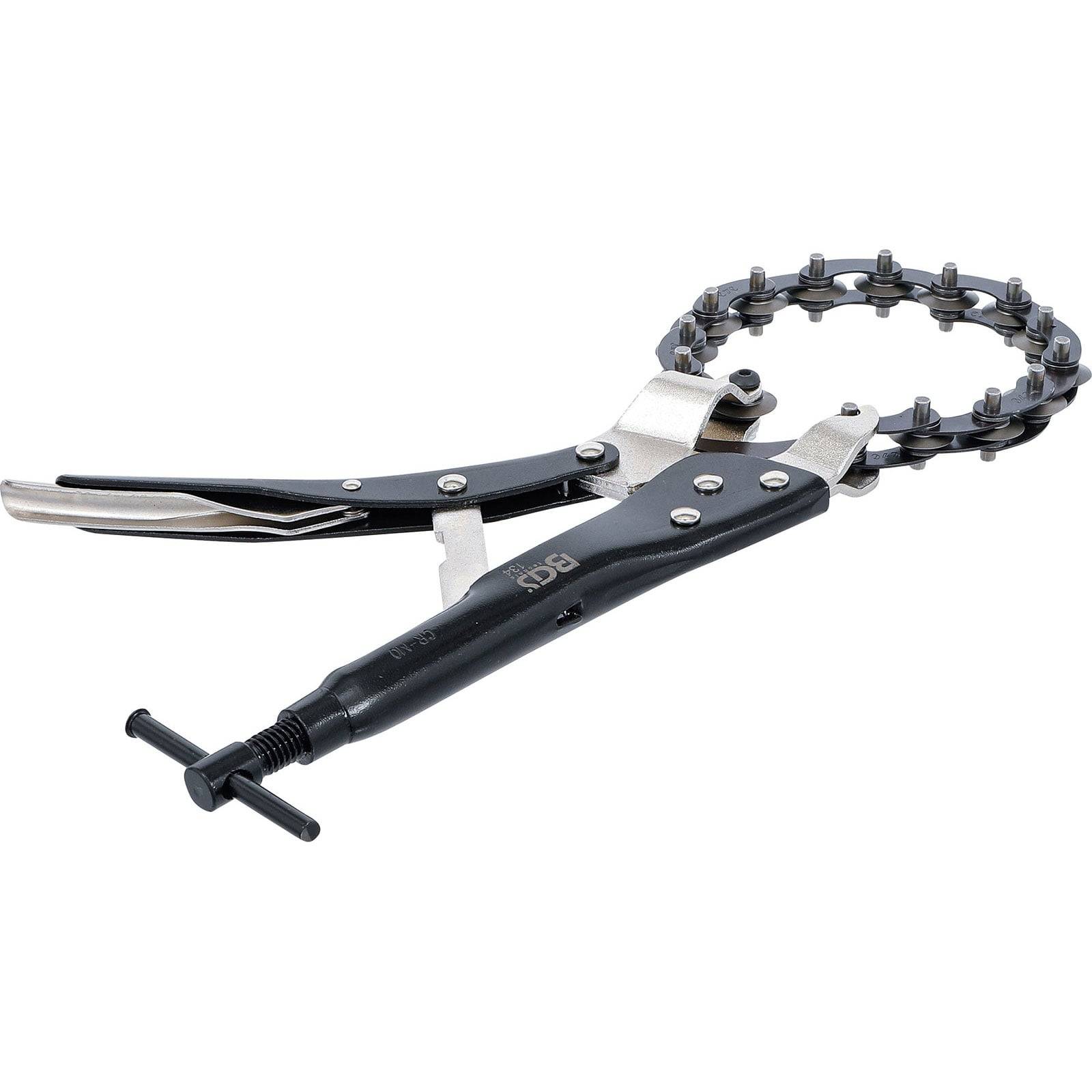 Kettenspannwerkzeug mit metallischem Griffgriff, ausgestattet mit einem verstellbaren Kettenloop zum Sichern, Halten oder Spannen von zylindrischen Objekten.