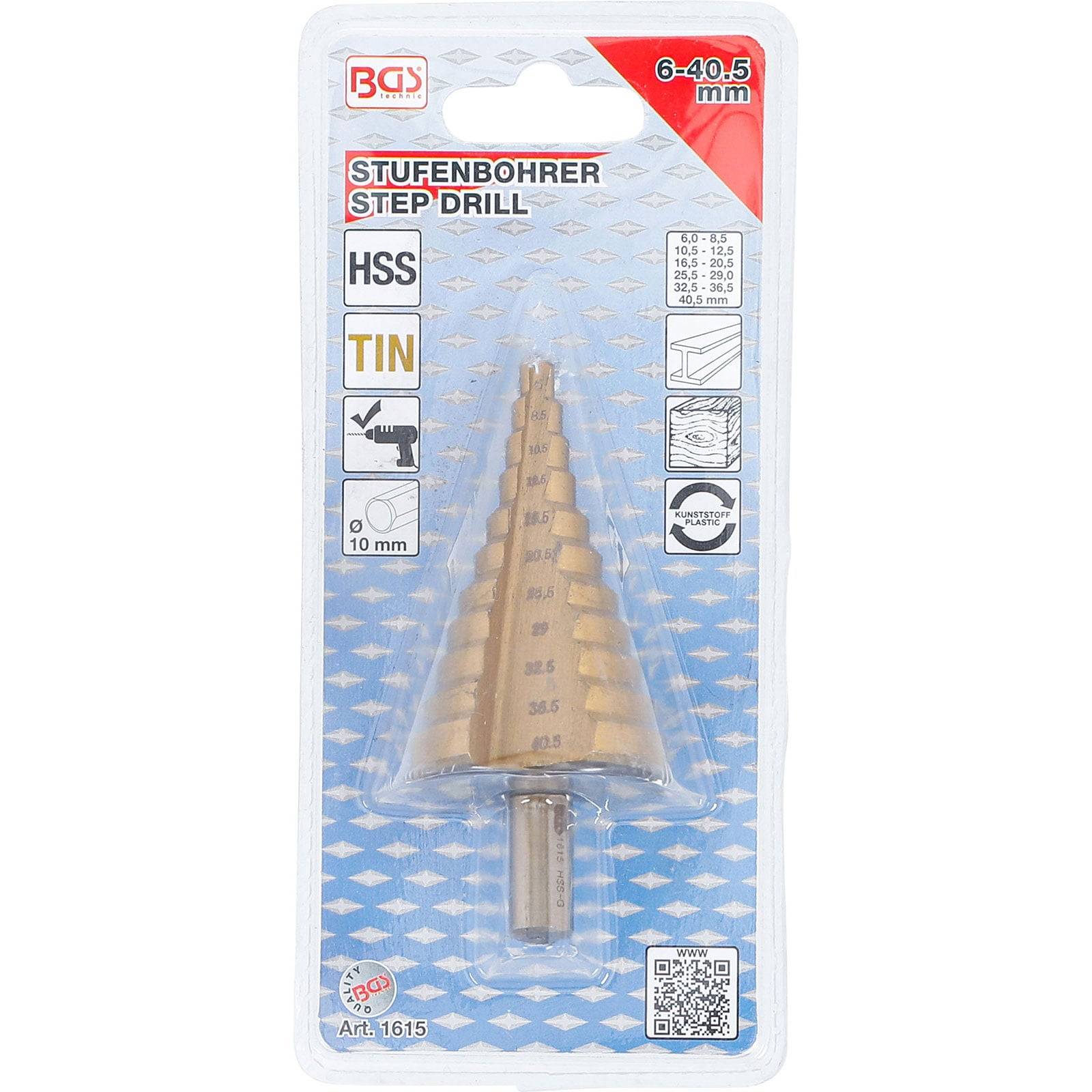BGS Stufenbohrer Stufenbohrer mit Größen von 6-40,5 mm. Mit HSS, TIN, 10 mm. Inklusive Herstellerinformationen.