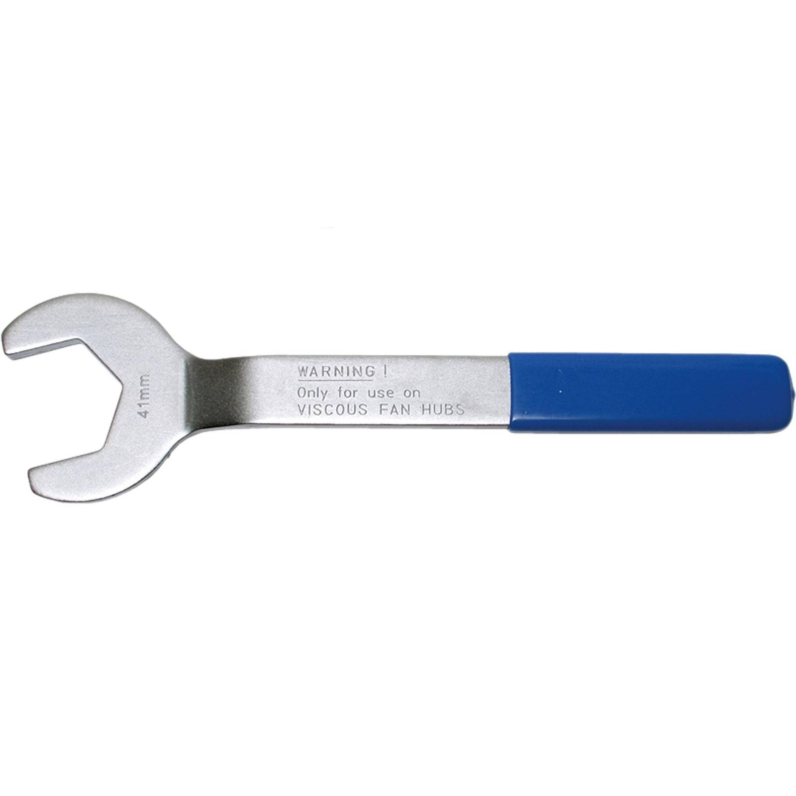41 mm' Metallschlüssel mit blauem Griff, mit der Beschriftung 'WARNUNG: Nur für Gebrauch an ZÄHEN LÜFTERKUPPLUNGEN.
