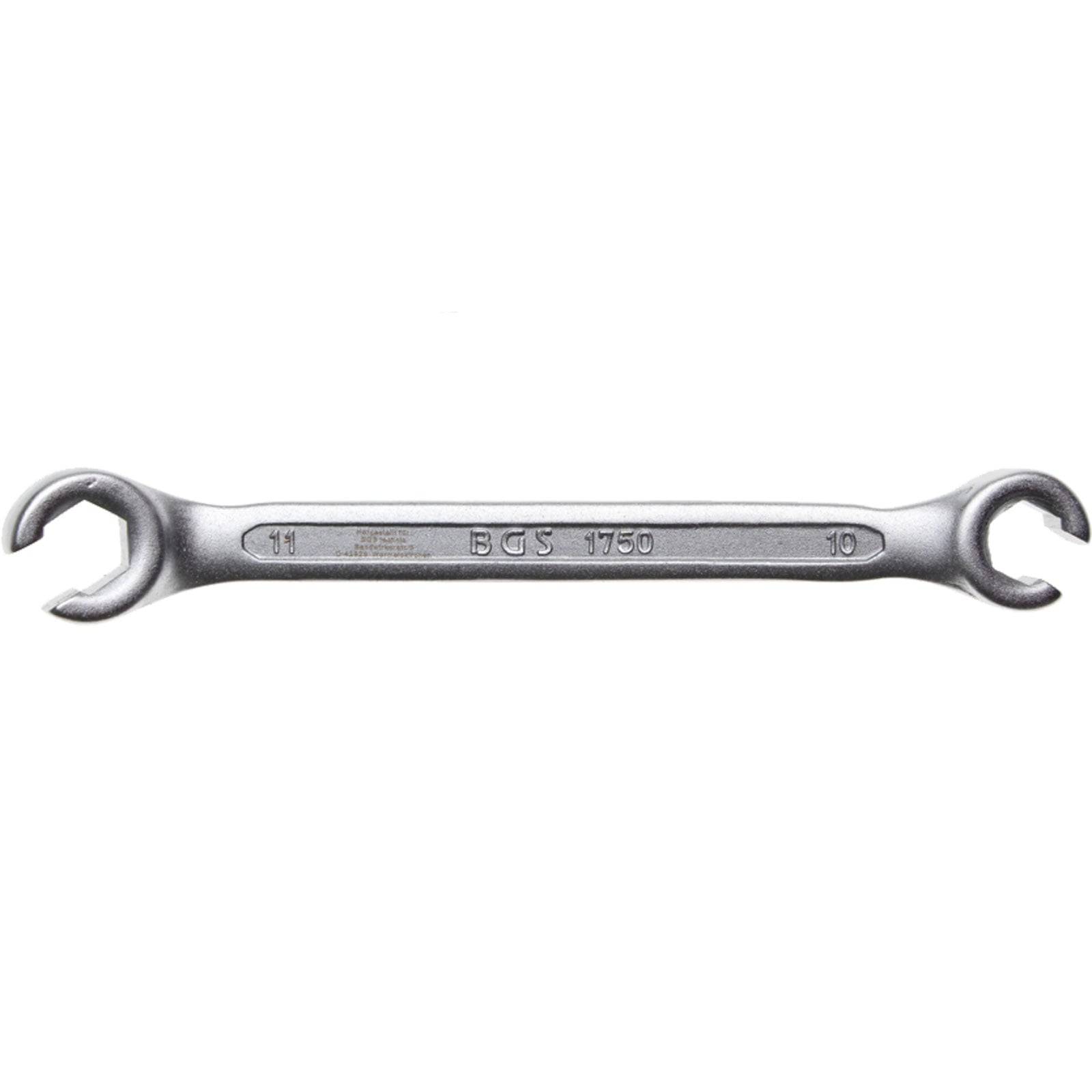 Ein silberner, beidseitig offener Schraubenschlüssel zeigt 'BGS 1750' in der Mitte, mit '11' auf der linken Seite und '10' auf der rechten Seite.