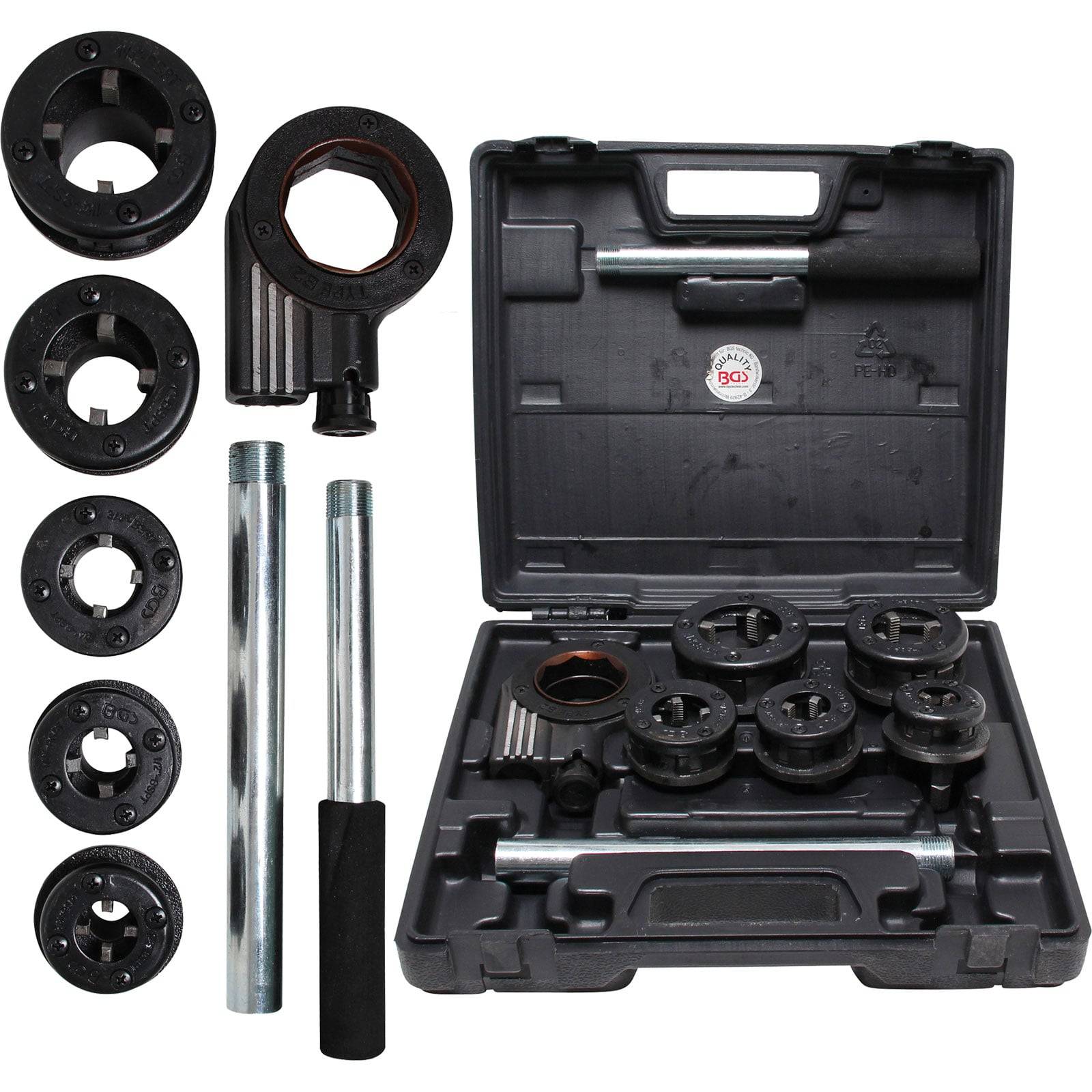 Ein Rohrgewindewerkzeugsatz umfasst verschiedene kreisförmige Gewindeschneidbacken, Griffe und einen schwarzen Koffer, der zum Schneiden von Gewinden auf Rohren entwickelt wurde.