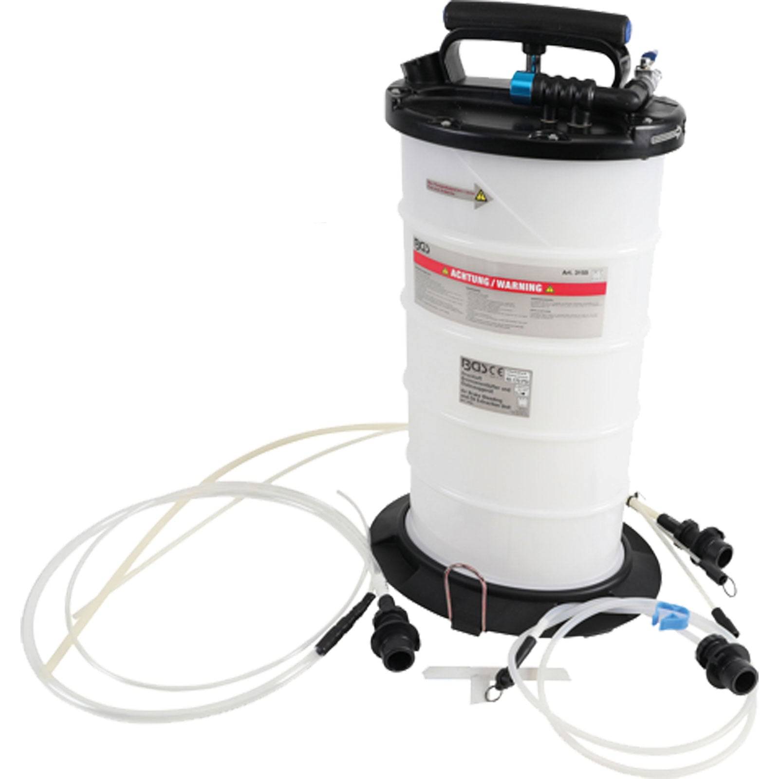 Tragbarer Flüssigkeitsextraktor mit einem zylindrischen weißen Tank, schwarzem Griff, Schläuchen und Zubehör zum Extrahieren oder Abgeben von Flüssigkeiten.