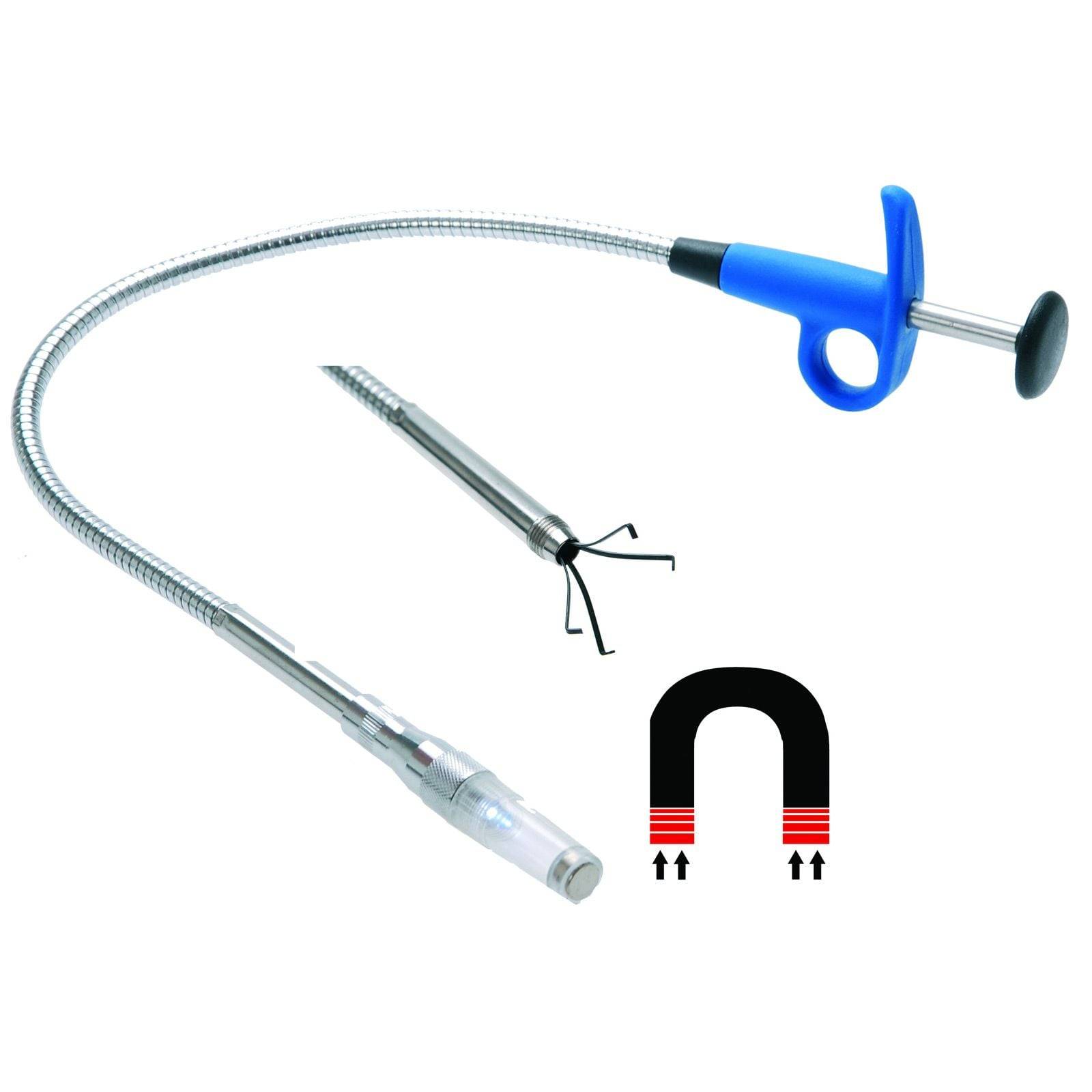 Ein flexibles Greifwerkzeug mit einem blauen Griff und Klauenspitze, das dazu fähig ist, Metallgegenstände aufzunehmen, und mit einem Magnetikone illustriert.