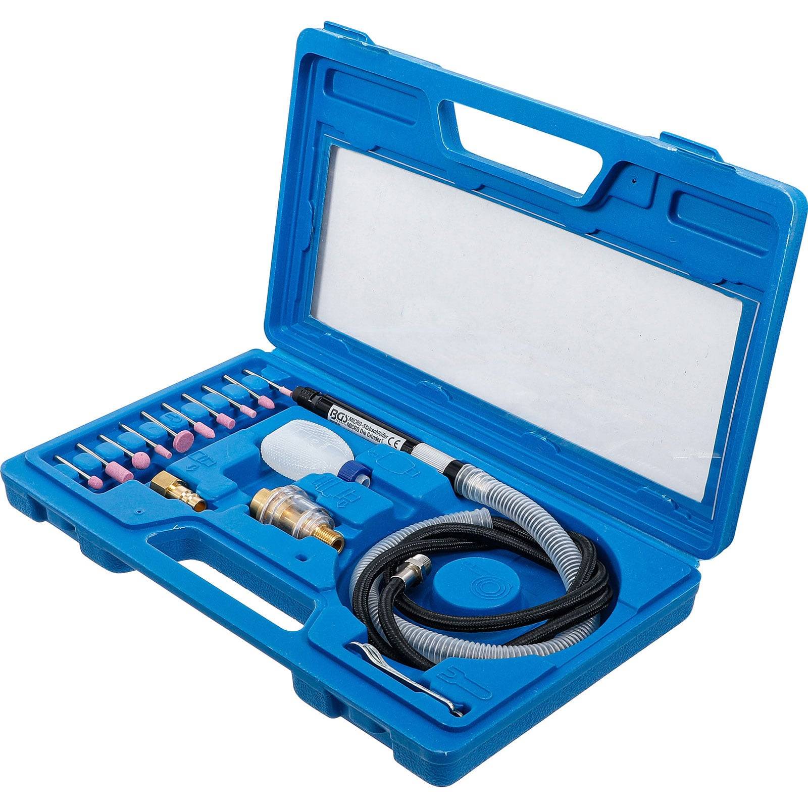 Blaues Airbrush-Set in einem Kunststoffkoffer, enthält Airbrush-Pistole, Schlauch, Anschluss und verschiedene Düsen für detaillierte Malaufgaben.