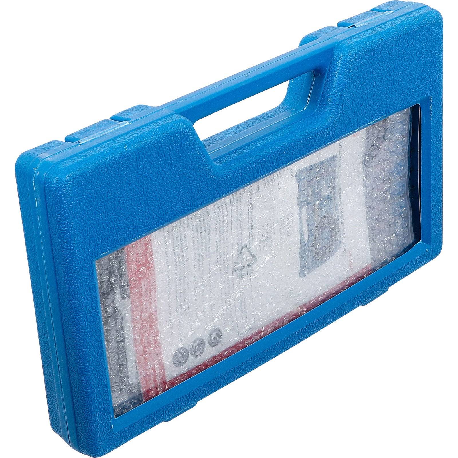 Blauer Plastik-Transportkoffer mit einem durchsichtigen Fenster, das einen in Luftpolsterfolie eingewickelten Gegenstand im Inneren zeigt.