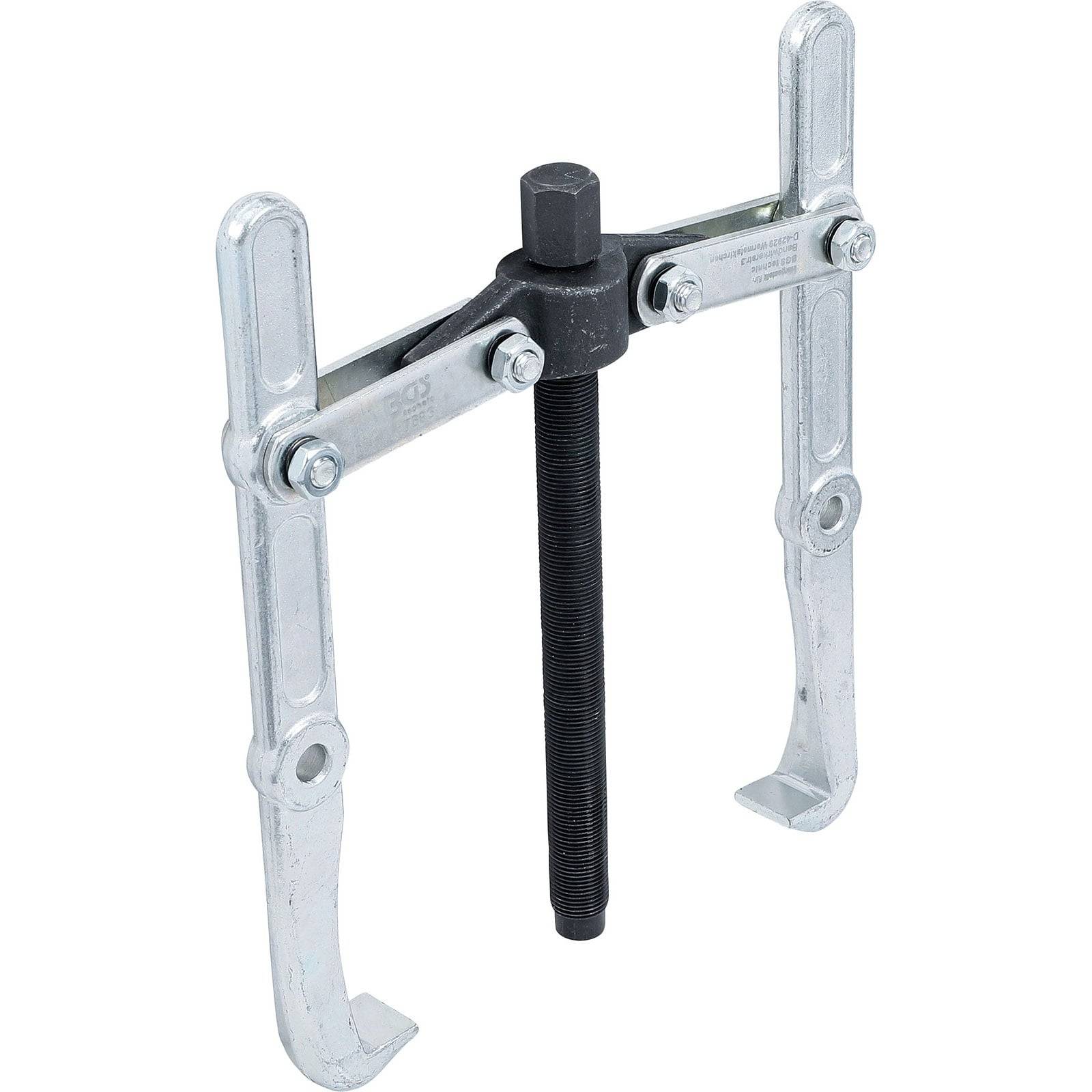 Ein silbernes und schwarzes Zweiarm-Abzieher-Werkzeug mit einer verstellbaren Mittelschraube, das zum Entfernen von Zahnrädern oder Lagern bei mechanischen Reparaturen verwendet wird.