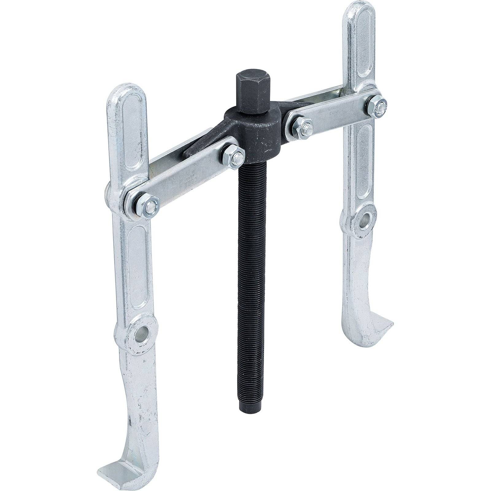 Ein Metallzahnrad-Abzieher mit zwei verstellbaren Armen und einer zentralen Schraube zum Entfernen von Zahnrädern oder Lagern von einer Welle.