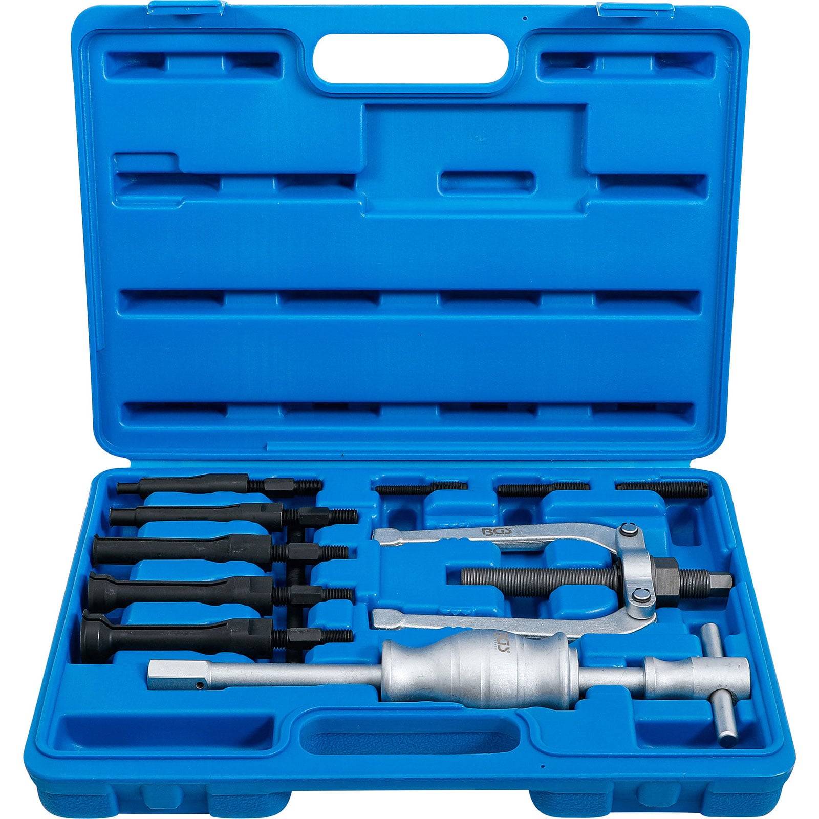 Eine blaue Plastikbox, die einen Gleithammer-Abzieher-Satz enthält, bestehend aus einem Gleithammer, Abziehern und Zubehörteilen, die in speziellen Fächern angeordnet sind.
