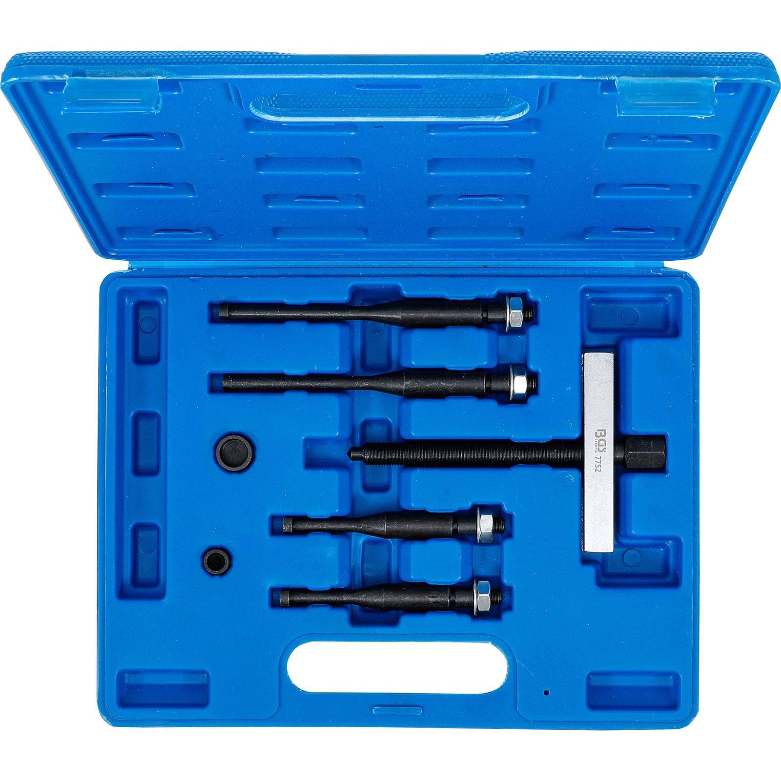 Ein blaues Werkzeugkoffer, der einen Satz von vier schwarzen Auszieherbolzen, eine Stange und verschiedene Befestigungen für automotive oder mechanische Anwendungen enthält.