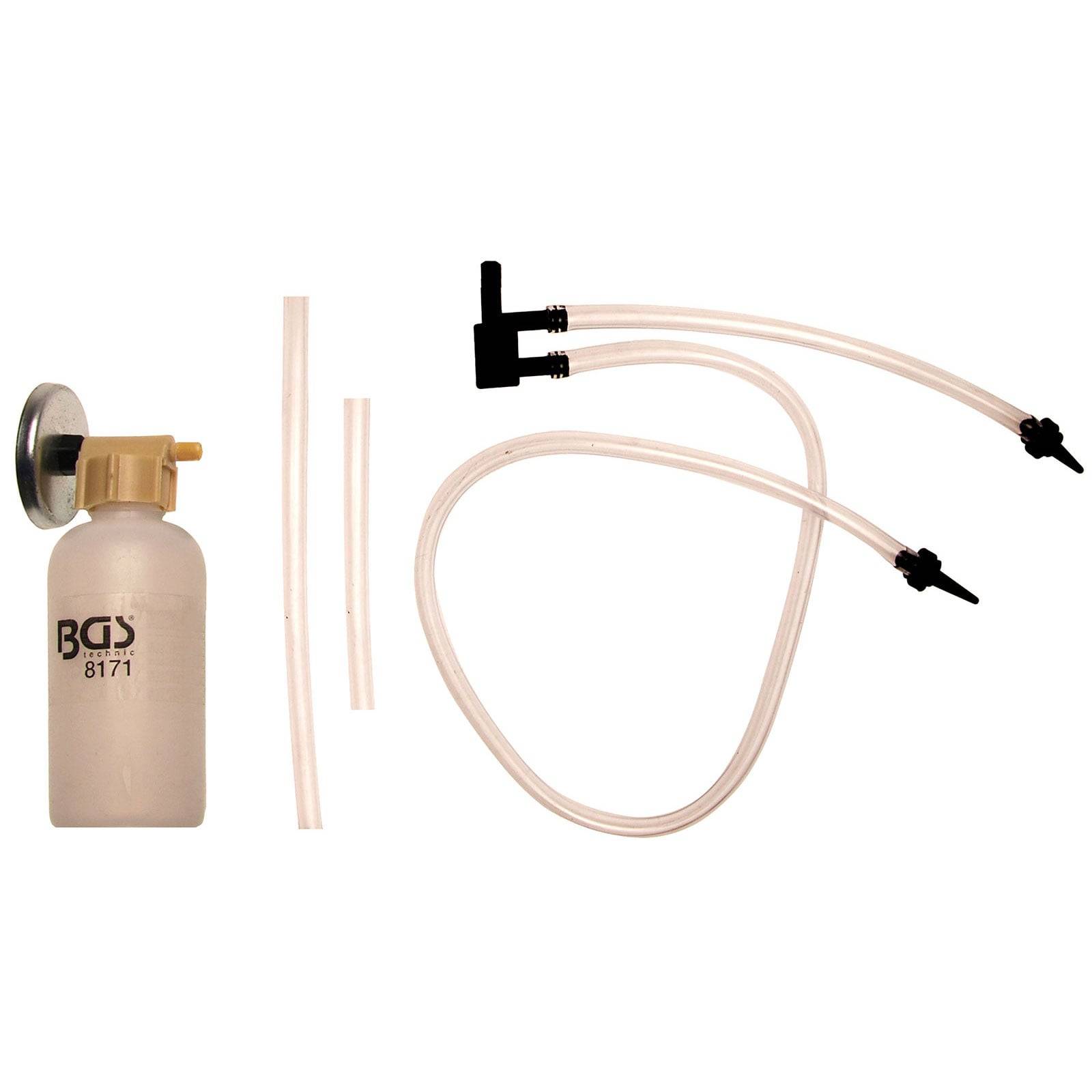 Ein Kunststoff-Absauggerät mit einem beigen Pumpendeckel und angeschlossenen Schläuchen, verwendet zur Flüssigkeitsextraktion; auf der Flasche mit 'BCIS 8171' markiert.