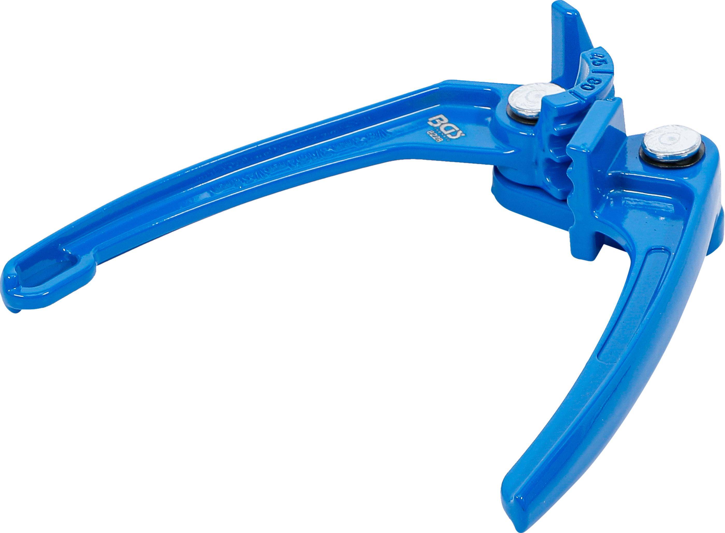 Ein blaues Werkzeug mit zwei langen, gekrümmten Armen, das zum Greifen oder Manipulieren von Objekten entwickelt wurde. Der zentrale Mechanismus ist verstellbar und metallic.