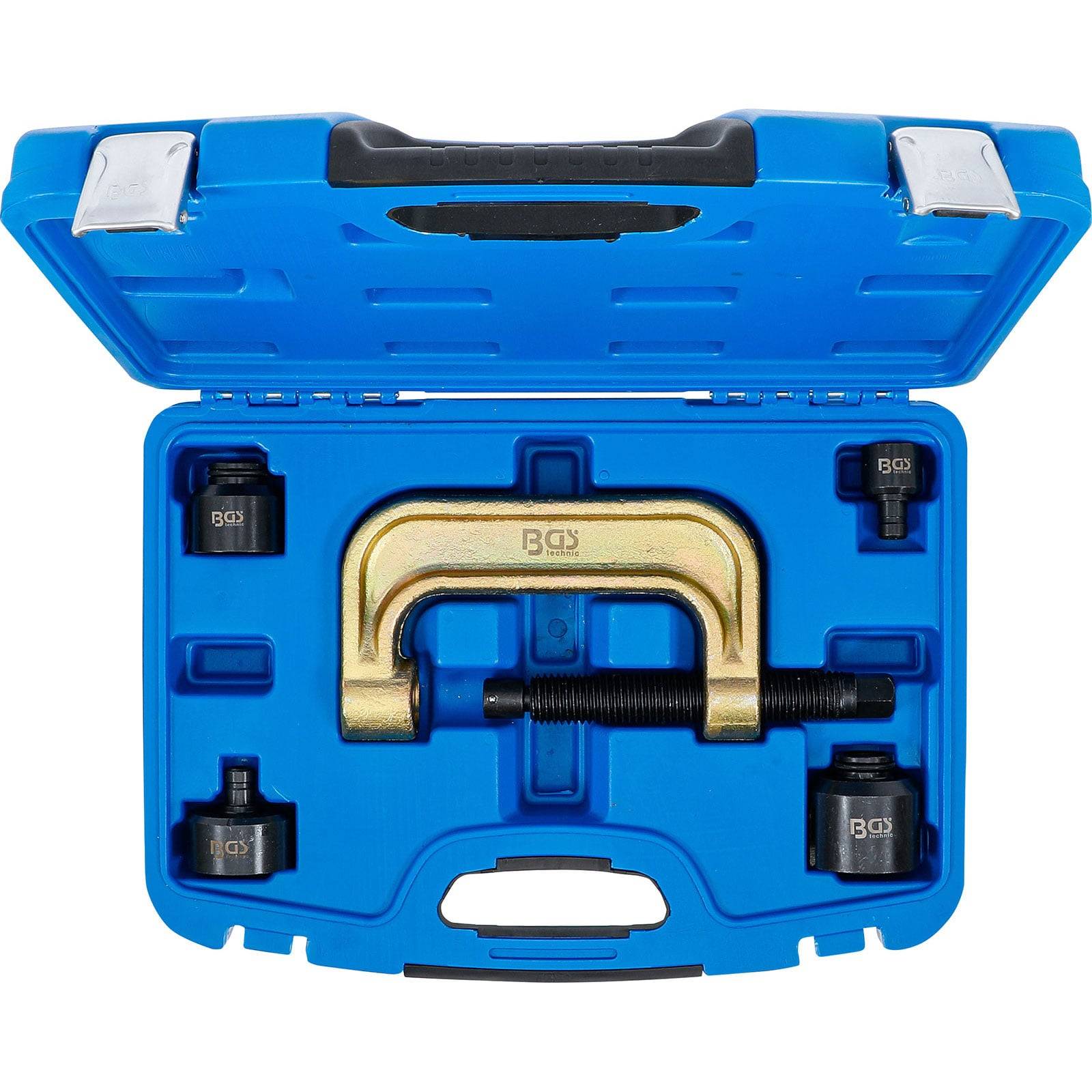 Eine blaue Transporttasche, die einen goldfarbenen C-Schraubendreher und drei schwarze Adapter enthält, die für Autoreparaturen verwendet werden.