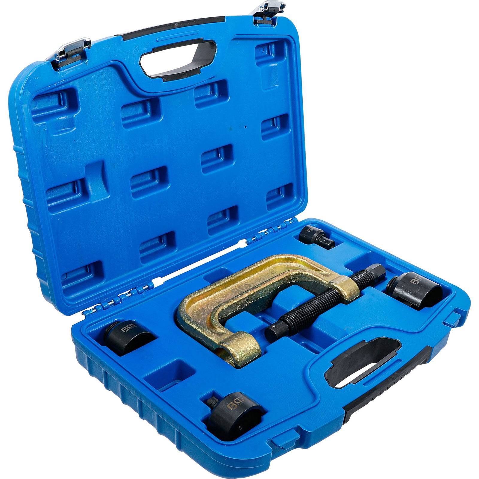 Eine blaue Plastikbox, die einen Schraubzwingenwerksatz mit mehreren austauschbaren Teilen enthält. Die Box ist geöffnet und zeigt die Werkzeuge.