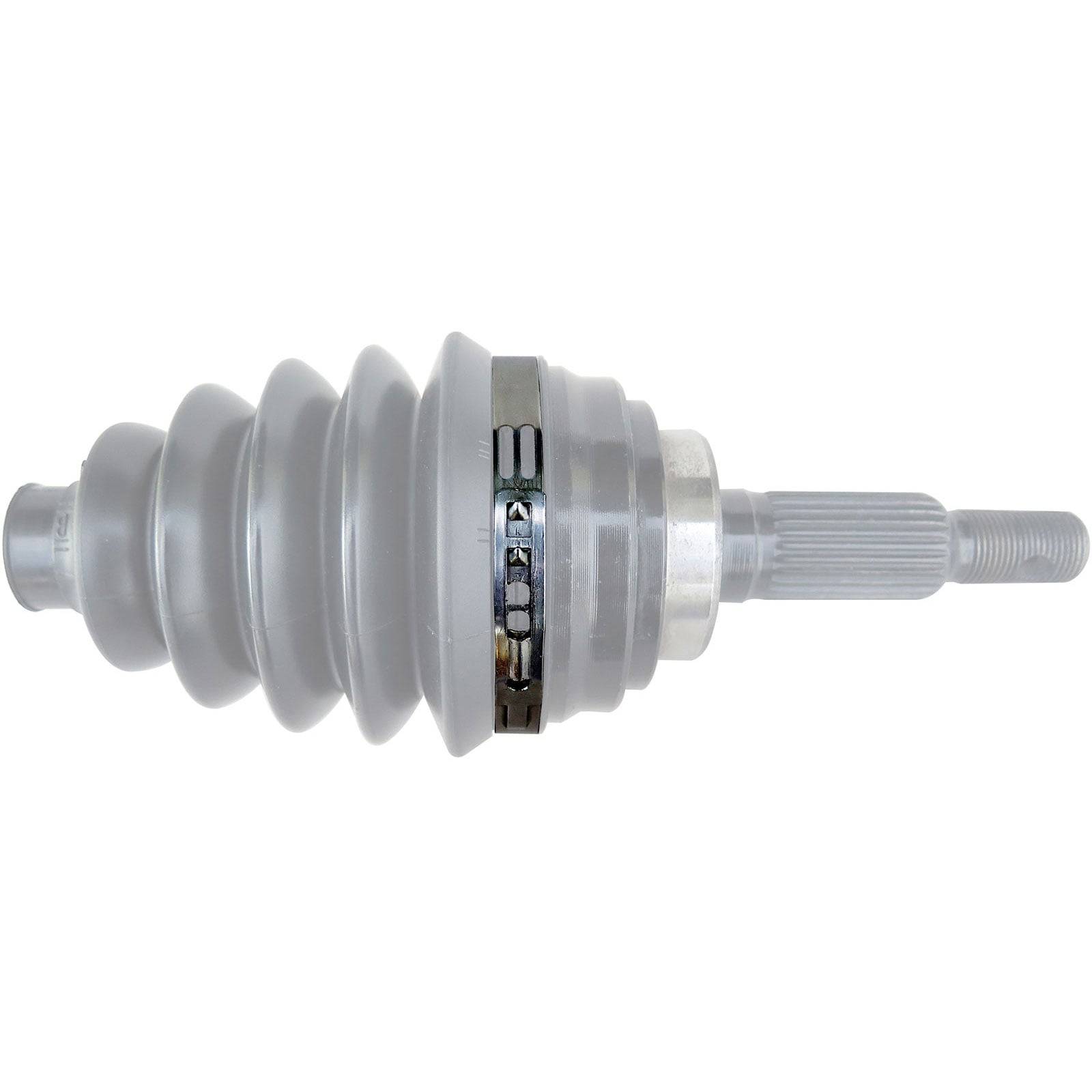 Ein grauer Kardangelenk mit einer Gummimanschette, Metallschelle und sichtbaren Verzahnungen, der in Fahrzeugantriebswellen zur flexiblen Kraftübertragung verwendet wird.