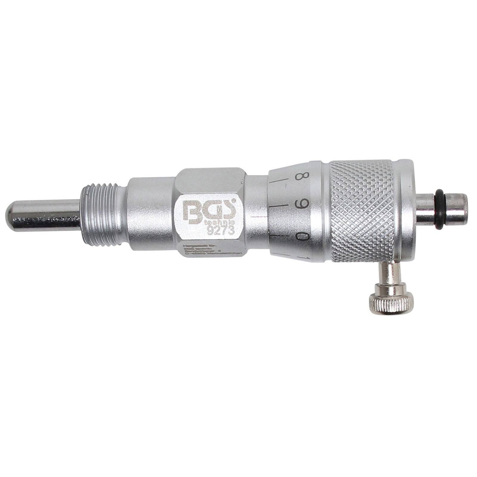 Ein silberner BGS 3279 Ölfilter-Abnahmewerkzeug mit einem gerillten Einstellknopf und Messskala, verwendet zur Wartung von Automotoren.