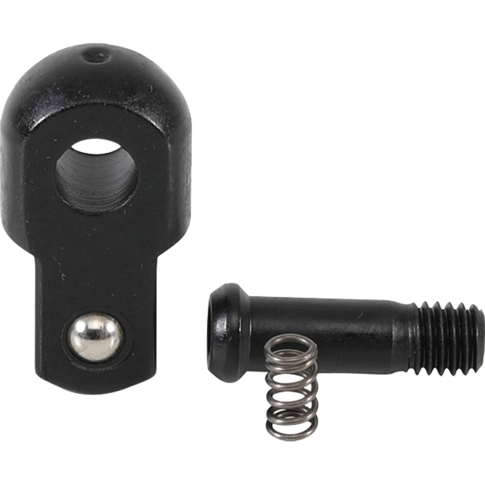 Eine schwarze Befestigungshalterung mit einem Loch und einem Gewindebolzen mit einer Feder daneben, konzipiert für die Befestigung von Teilen in mechanischen Baugruppen.