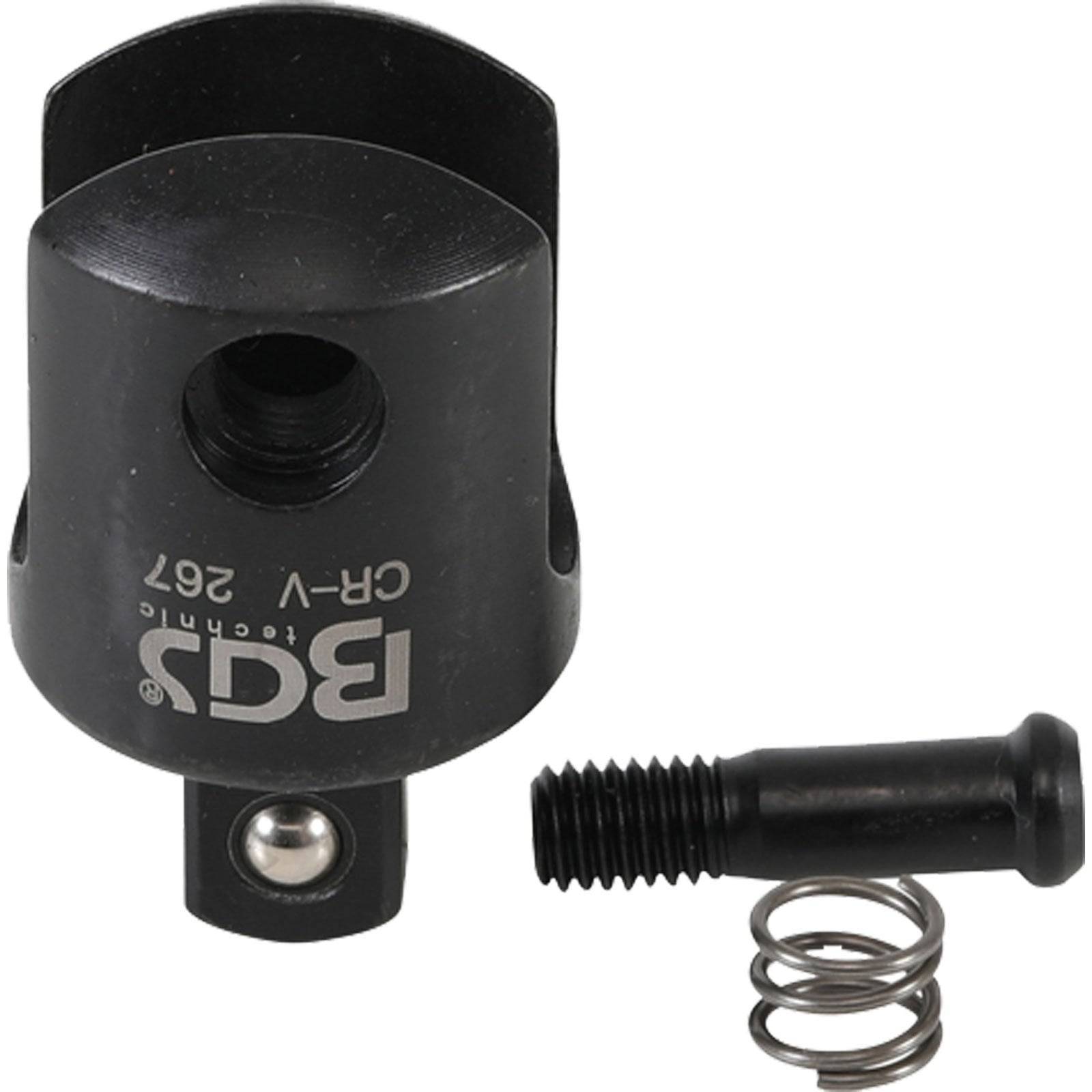 Ein schwarzer BGS CR-V 267 Winkeladapter mit abgenommener Feder und Bolzen, der die Einzelteile für die Montage zeigt.