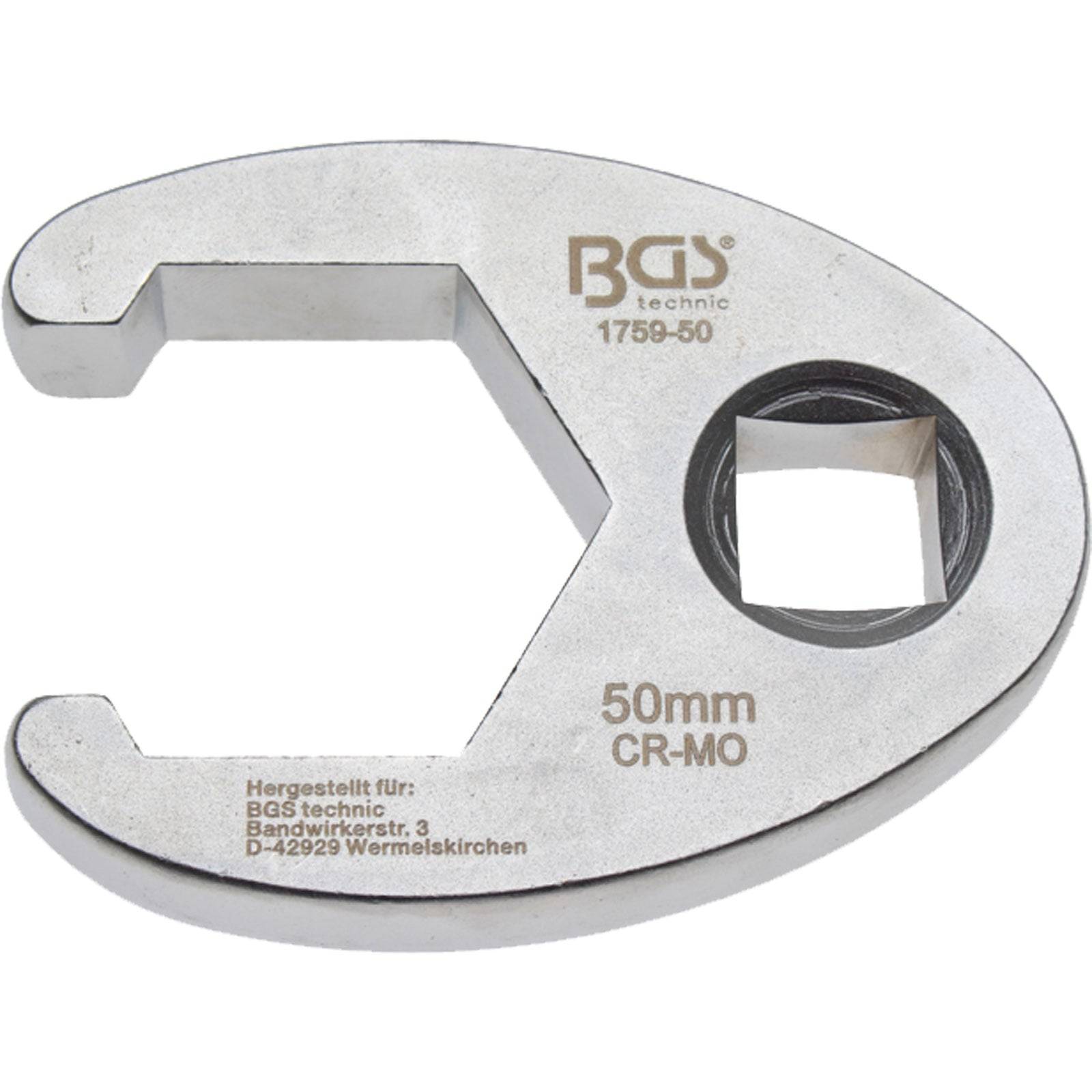 Ein grauer, offener Maulschlüssel mit der Aufschrift '50mm CR-MO'. Das Werkzeug ist aus Metall und verfügt über ein quadratisches Antriebsloch für einen Drehmomentschlüssel.
