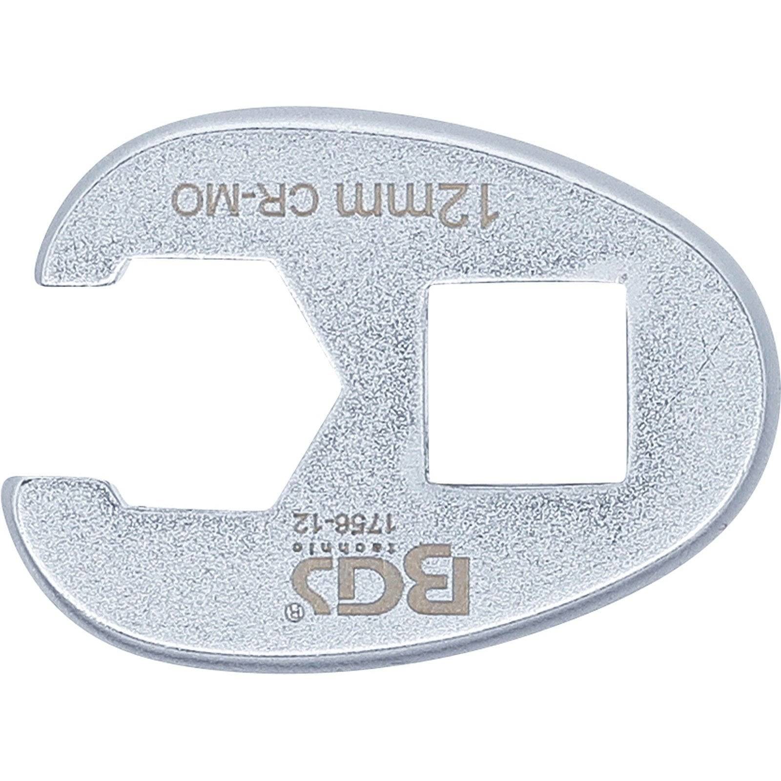 Ein oval geformtes Metallfahrradwerkzeug mit zwei Aussparungen, eine für 12 mm und eine andere nicht identifizierte, beschriftet mit '12mm CR-MO' und '1768-12'.