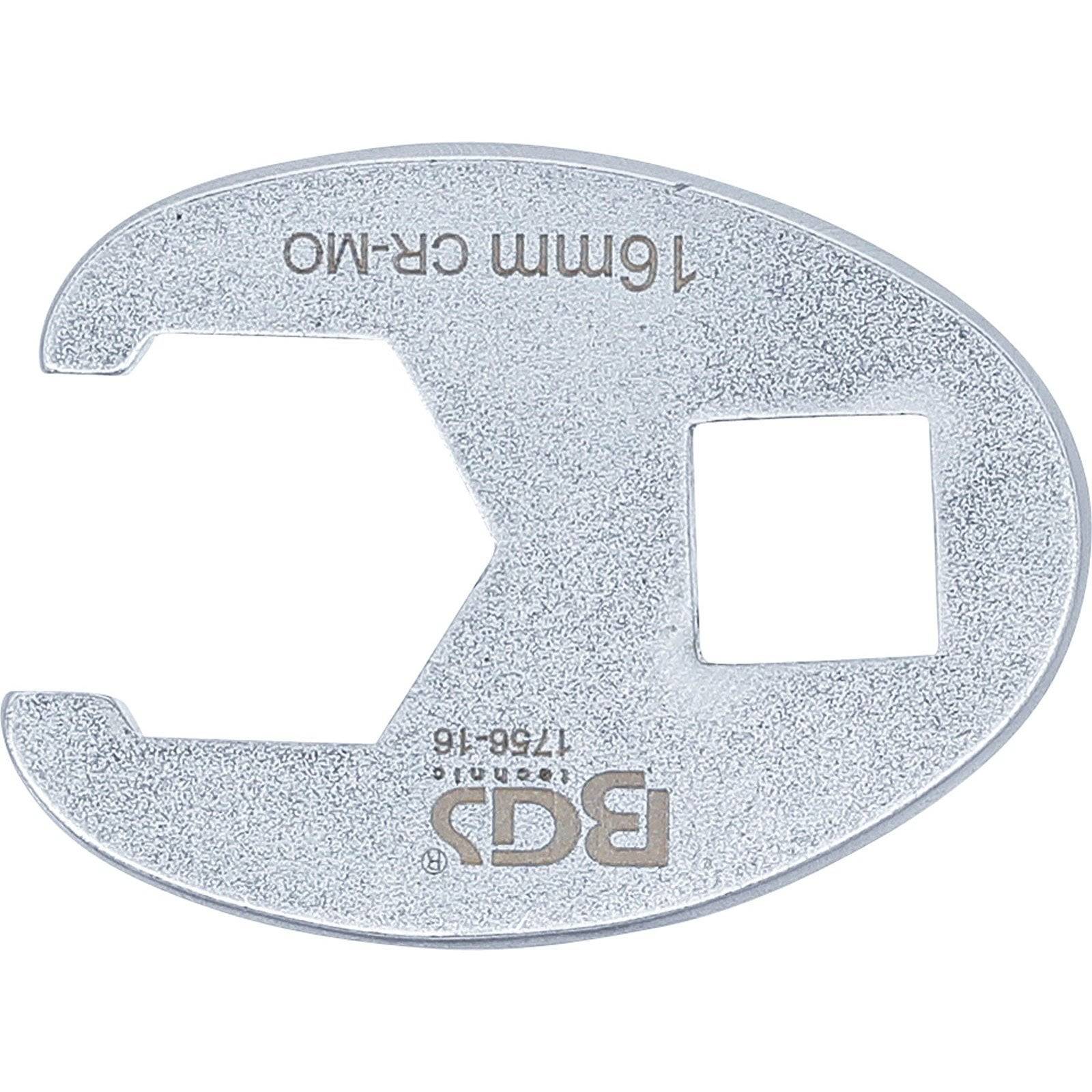 Ein silbernes BCP-Werkzeug mit einer offenen 'C'-Form und einem quadratischen Ausschnitt, gekennzeichnet mit '17.28-16' und '16mm CR-MO', das zum Anziehen oder Lösen von Bolzen verwendet wird.