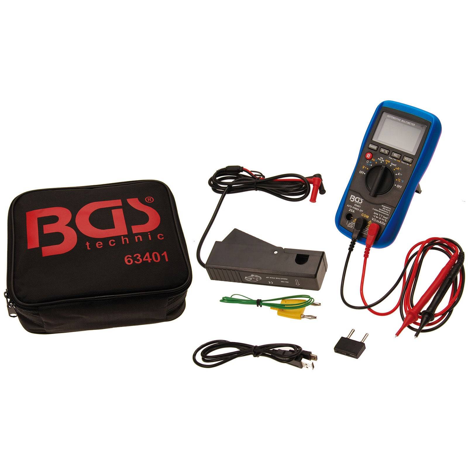 Multimeter-Set mit digitaler Anzeige, Messspitzen, Kabeln und Zubehör, ausgelegt neben einem schwarzen Transportkoffer mit der Aufschrift 'BGS technic 63401'.