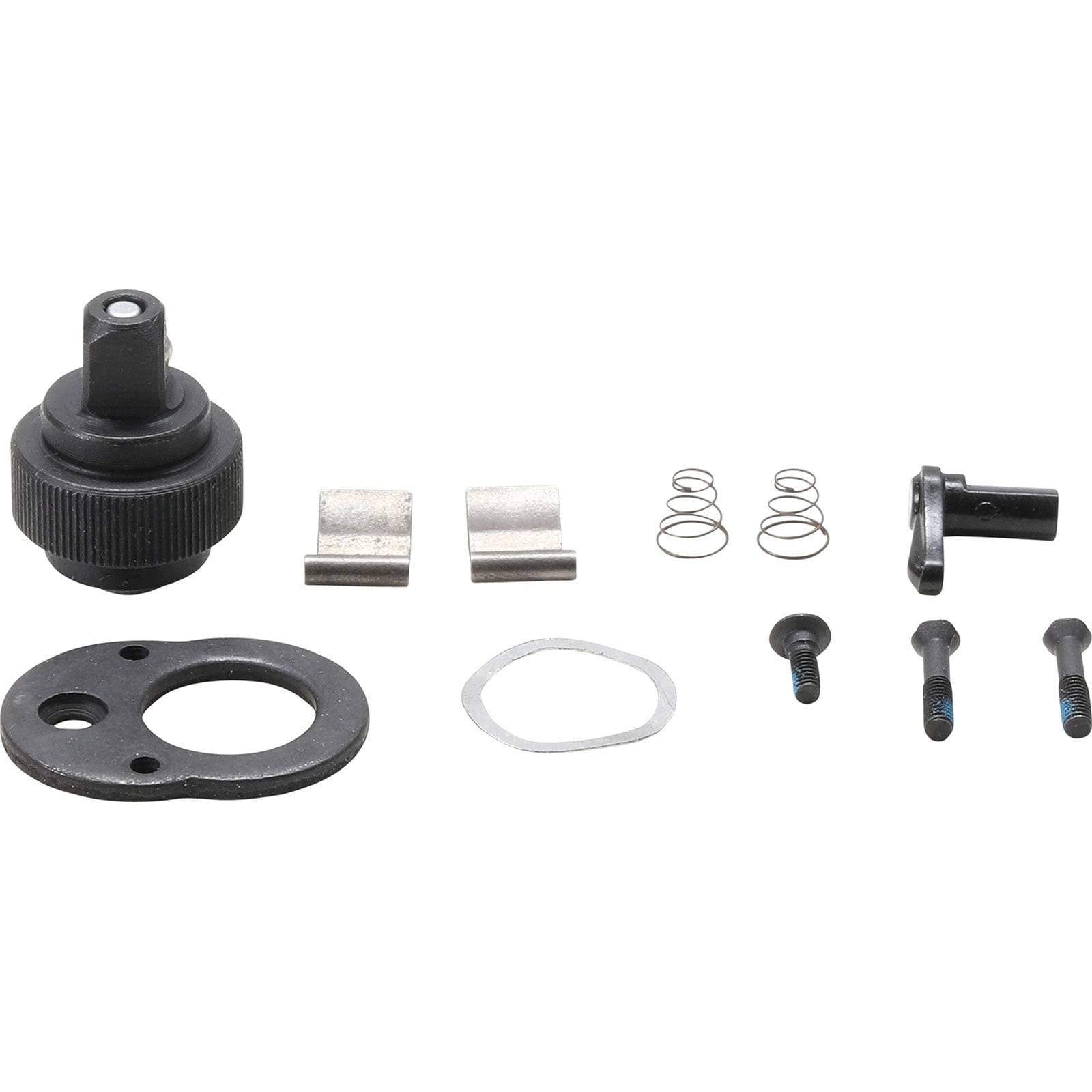 Ein Ratschenreparatur-Set bestehend aus einem Ratschenzahnrad, zwei Metallclips, Dichtung, drei Schrauben, Federn und einem kleinen Metallarm.