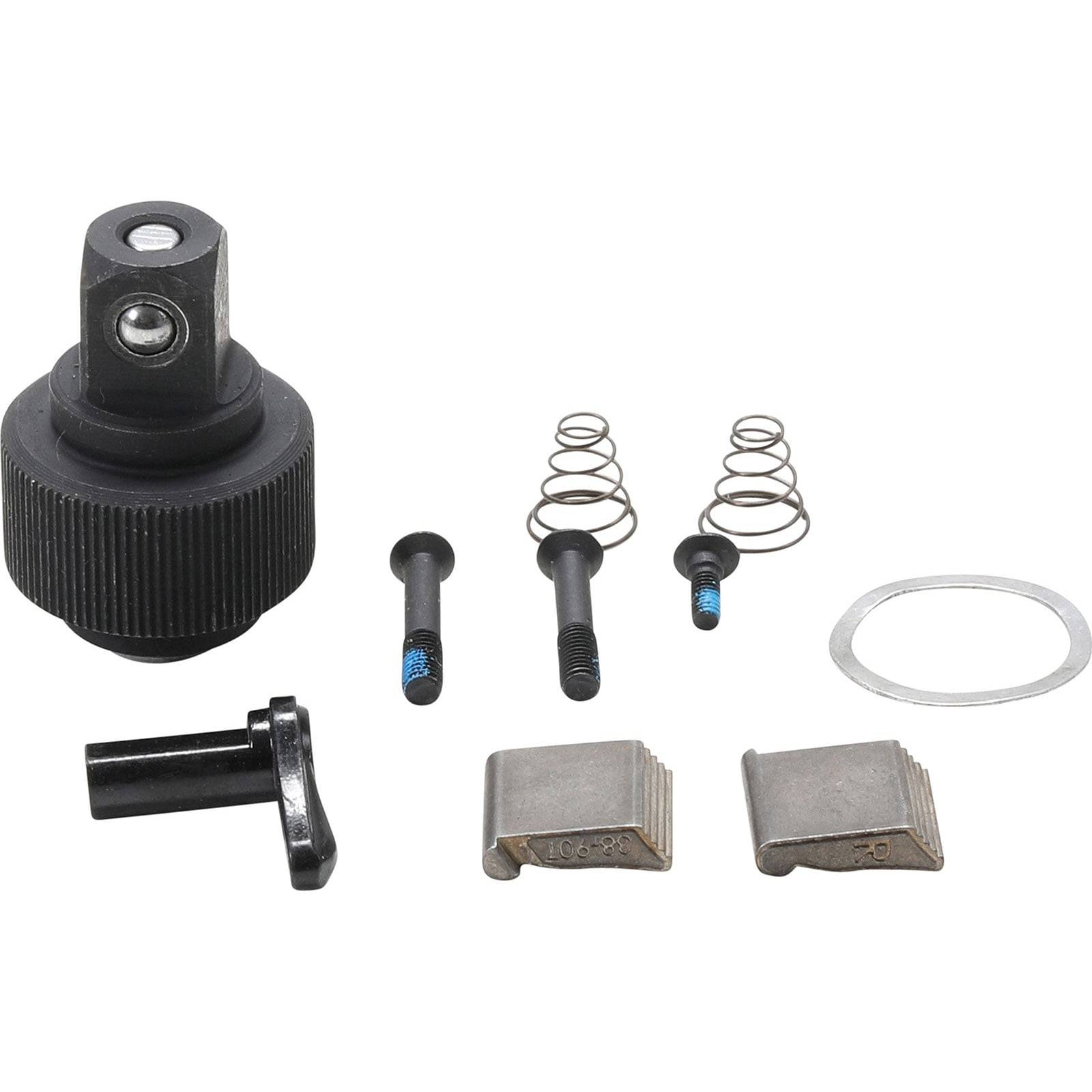 Steckschlüssel-Reparaturset mit Ratschenkopf, drei Schrauben, Federn, Stift, Unterlegscheibe und zwei rechteckigen Metallteilen auf weißem Hintergrund.