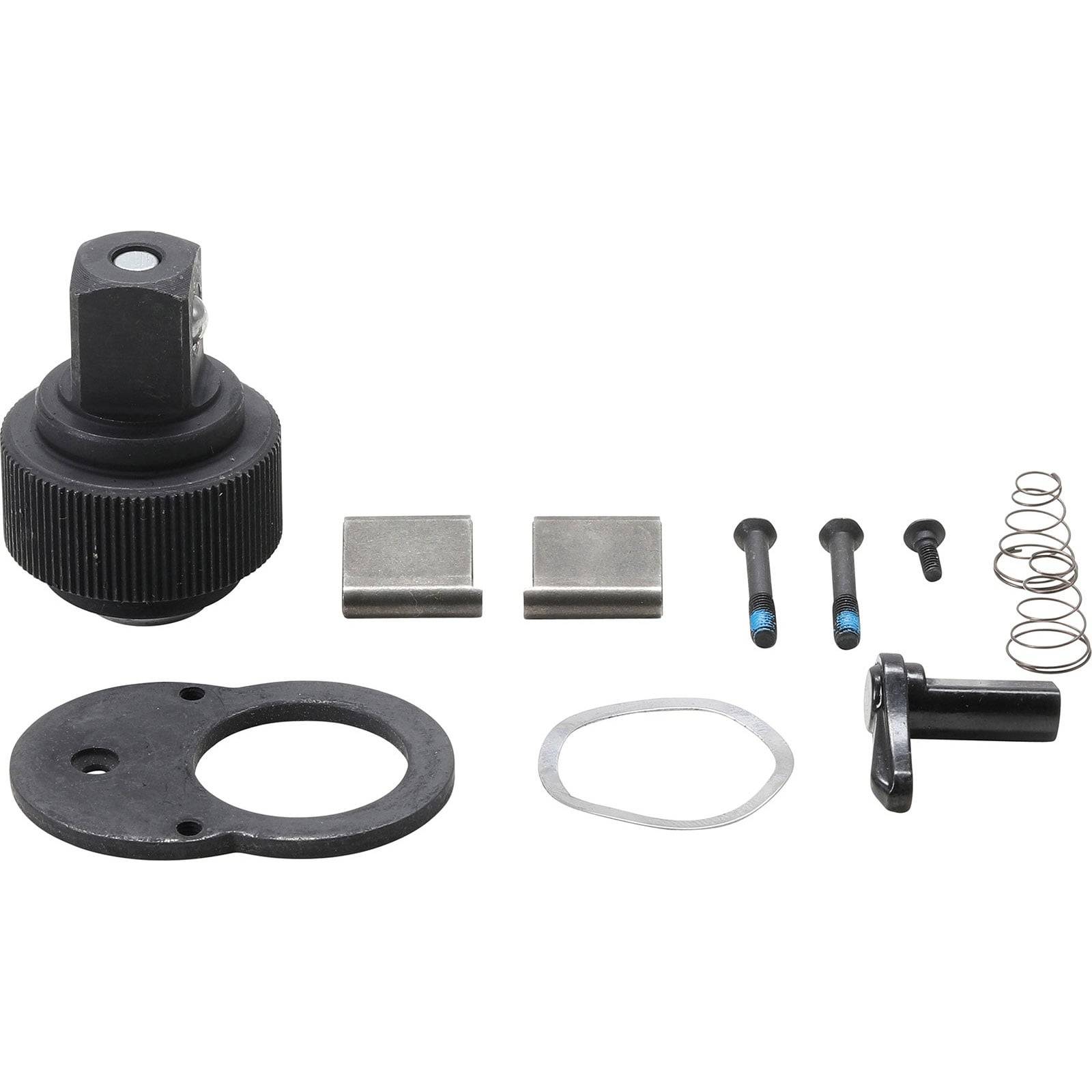 Ein Ratschenreparaturset mit Zahnrad, zwei Ratschenklinken, Schrauben, Federn und Dichtungen, auf einem weißen Hintergrund ausgelegt.