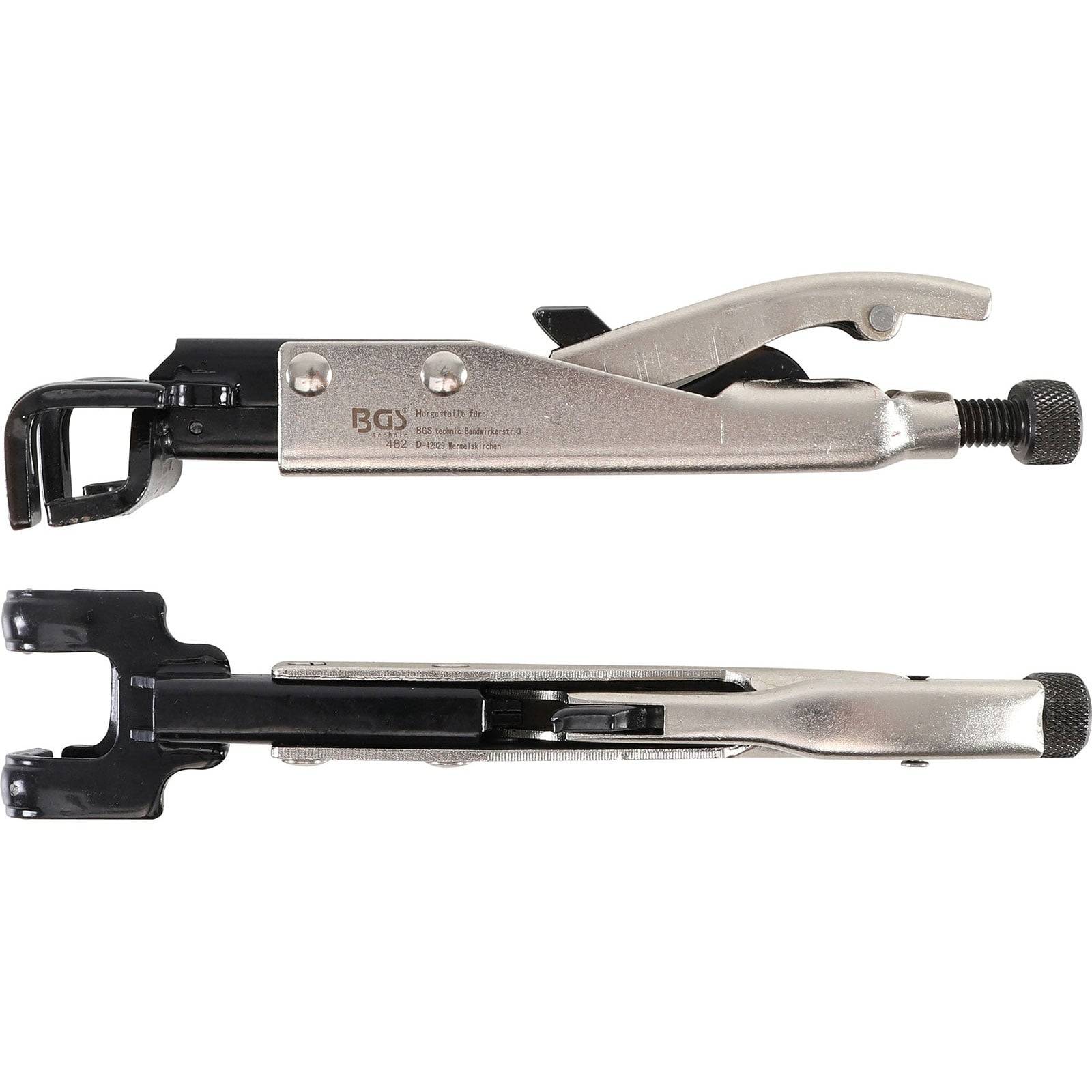 Zwei Ansichten einer silbernen Schweißzange mit verriegelbaren Greifbacken, die ihren verstellbaren Verriegelungsmechanismus und ihr Design präsentieren.