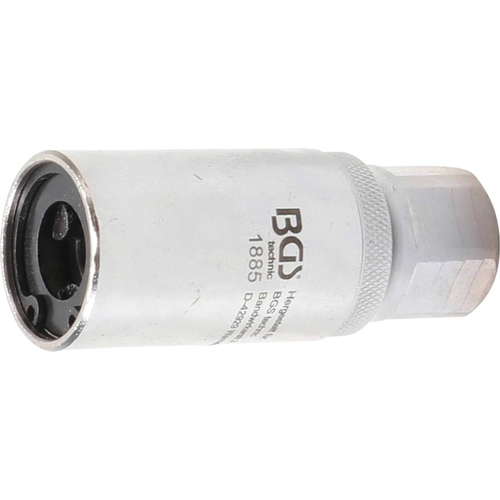 Eine silberne metallische Sechskantmuffe mit einem zylindrischen Körper, gestempelt mit 'BGS 1885', die zum Aufbringen von Drehmoment auf mechanische Befestigungselemente verwendet wird.