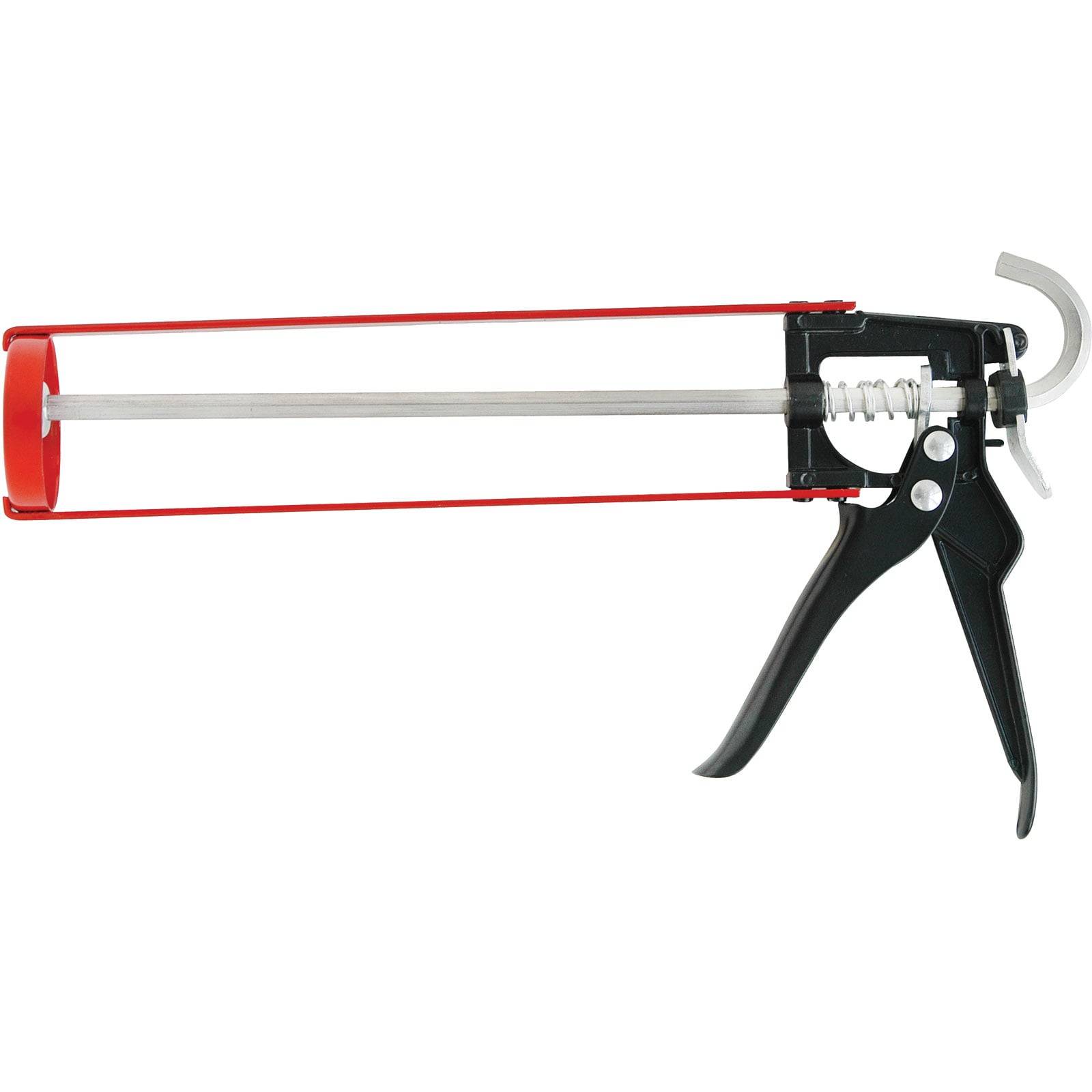 Eine rote und schwarze Kartuschenpistole mit Metallrahmen und Abzug.