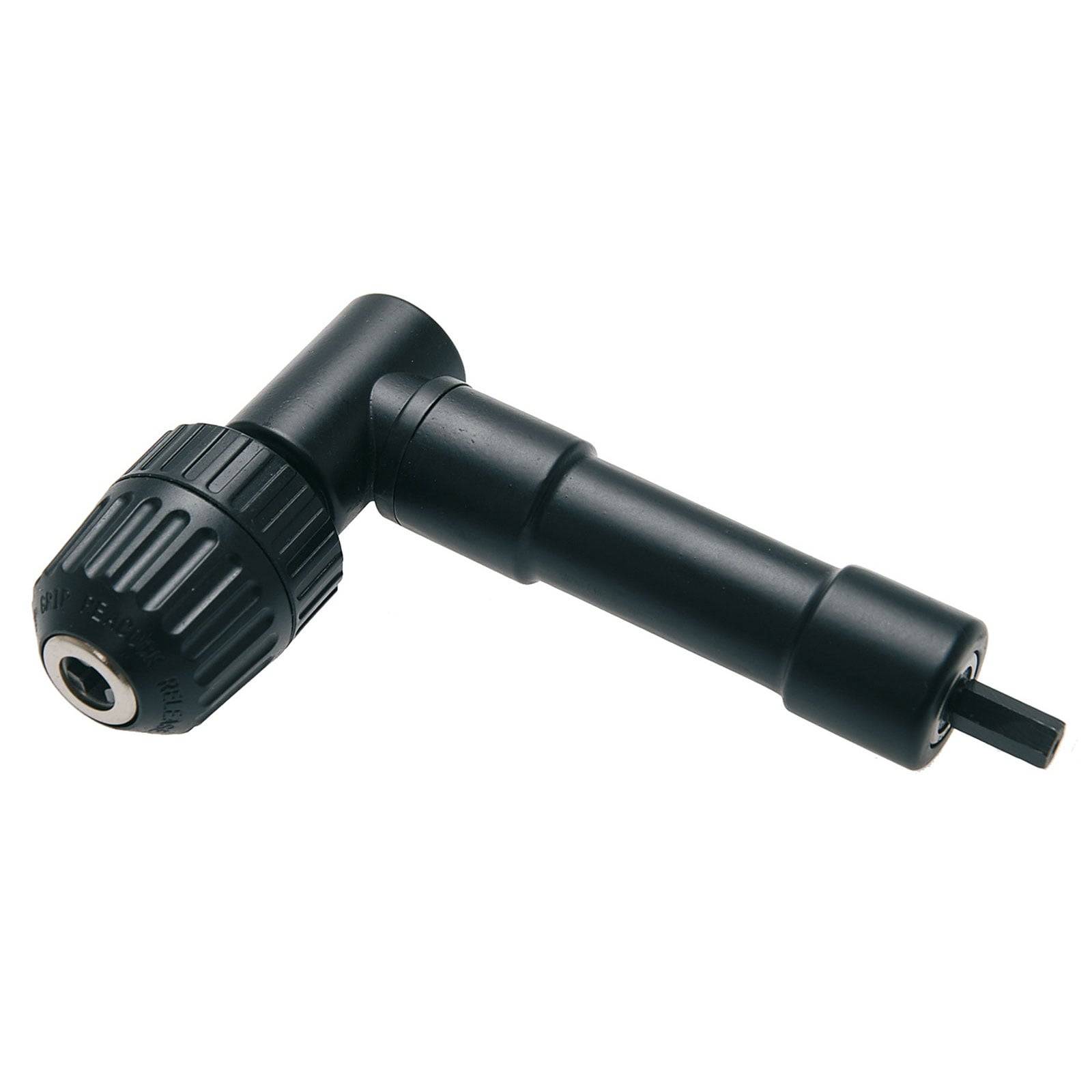 Ein schwarzer Winkel-Bohraufsatz mit einem Bohrfutter für Bohrerbits und einem verlängerten Arm mit Vierkantantrieb zum Anbringen an einem Bohrgerät.