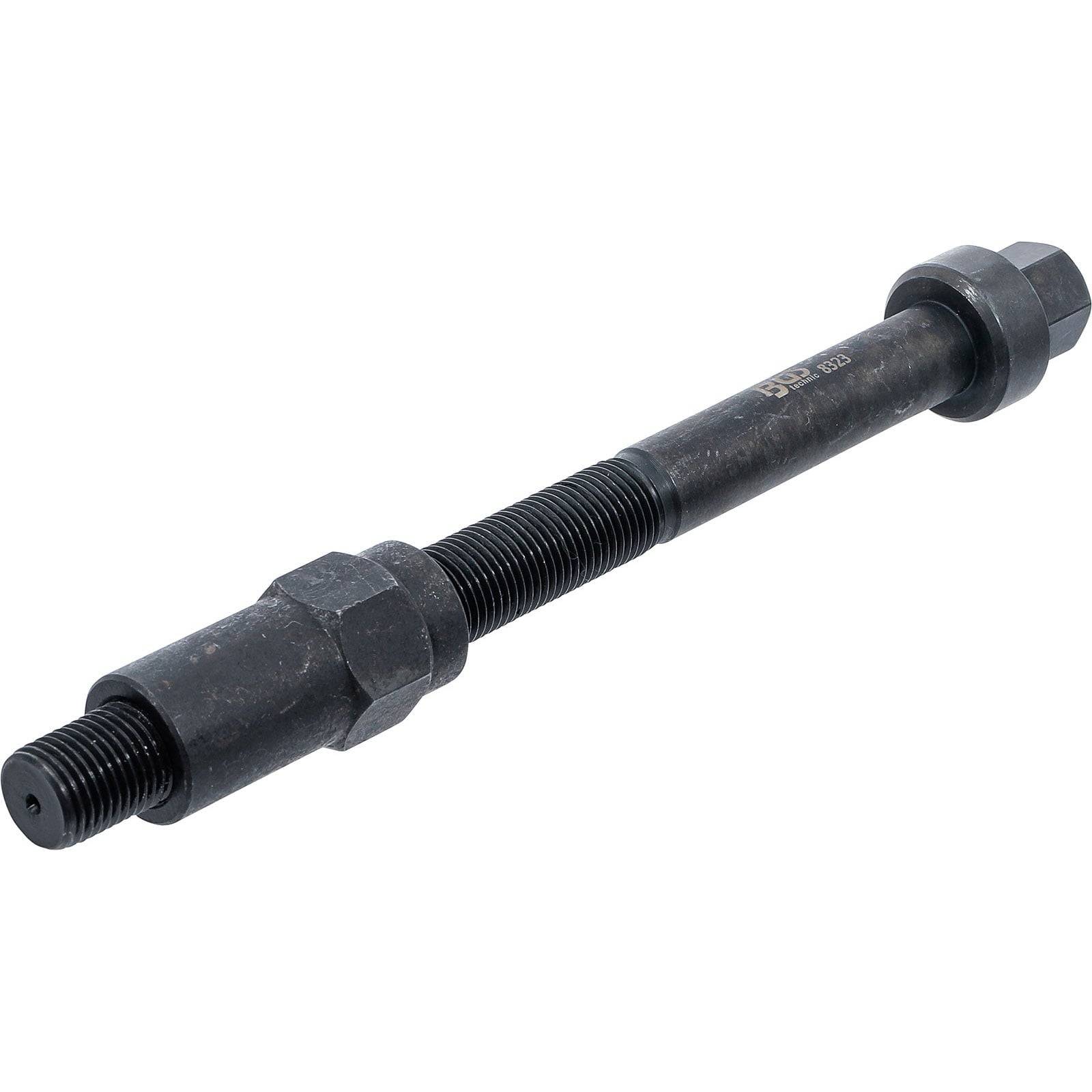 Eine Gewindestange aus Stahl mit einer Mutter an jedem Ende, die zum Befestigen oder Zusammenhalten von Objekten verwendet wird.