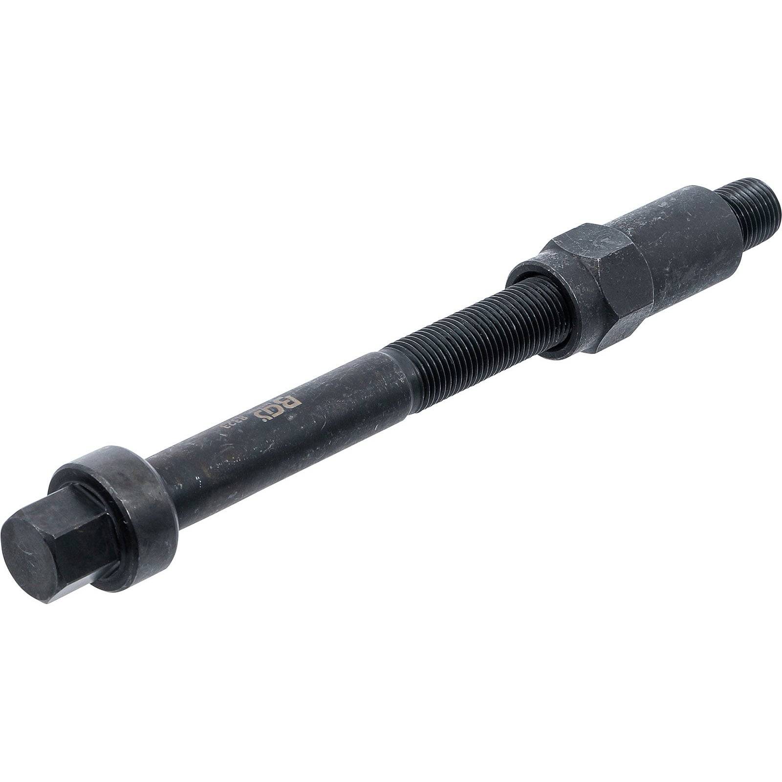 Eine schwarze bolzenähnliche Vorrichtung mit gewindeten Abschnitten, sechseckigen Köpfen an beiden Enden, die zum Festziehen oder Justieren von Maschinenteilen verwendet wird.