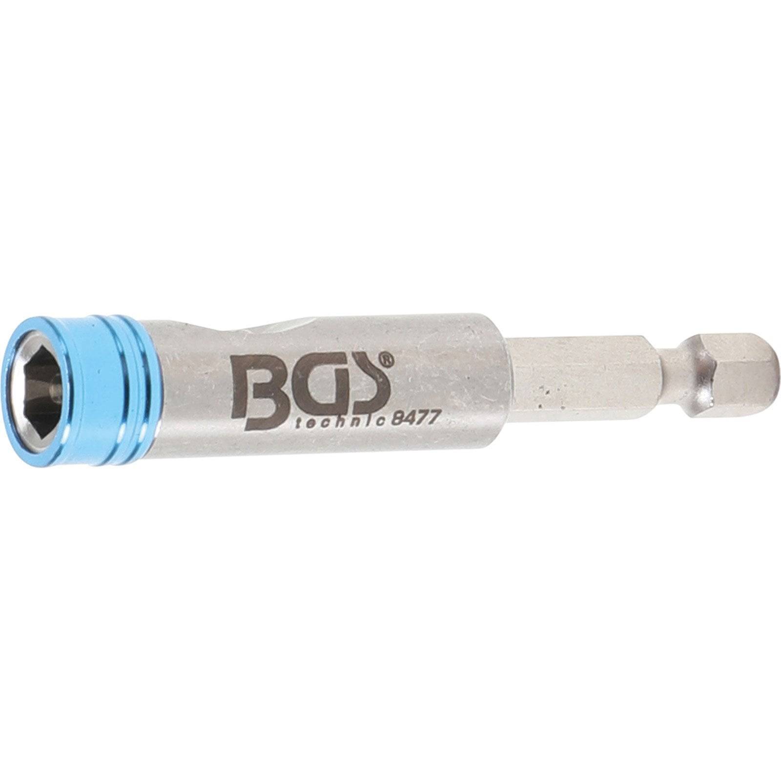 Ein Metall-Sechskant-Bitadapter mit einem blauen Ring, beschriftet mit 'BGS 8477', der zum Anbringen von Sechskant-Bits an Bohrmaschinen oder Schraubendrehern entwickelt wurde.