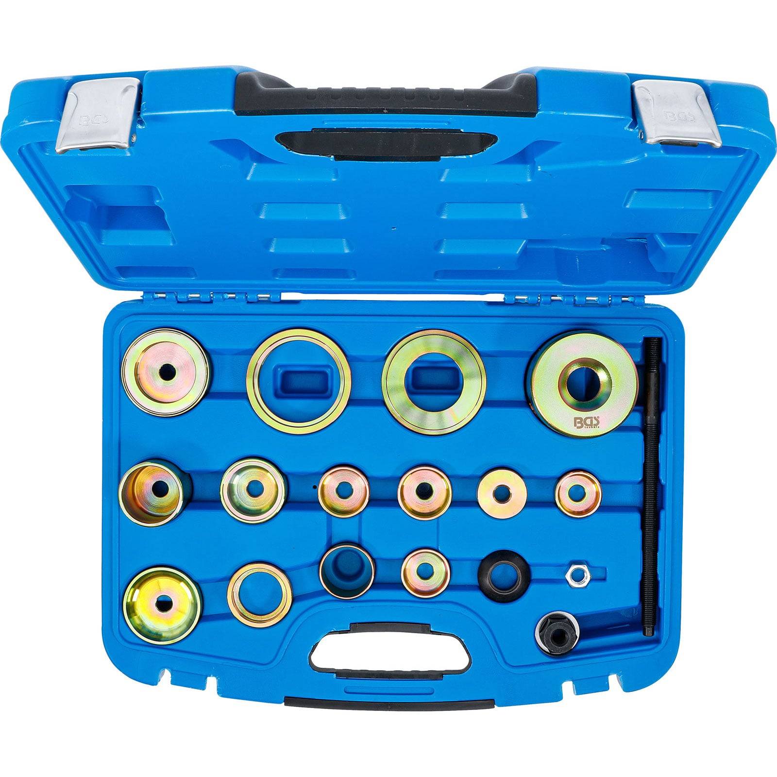 Eine blaue Plastikbox, die verschiedene Größen von kreisförmigen Autowerkzeugen in Fächern organisiert, verwendet für mechanische Reparaturen.