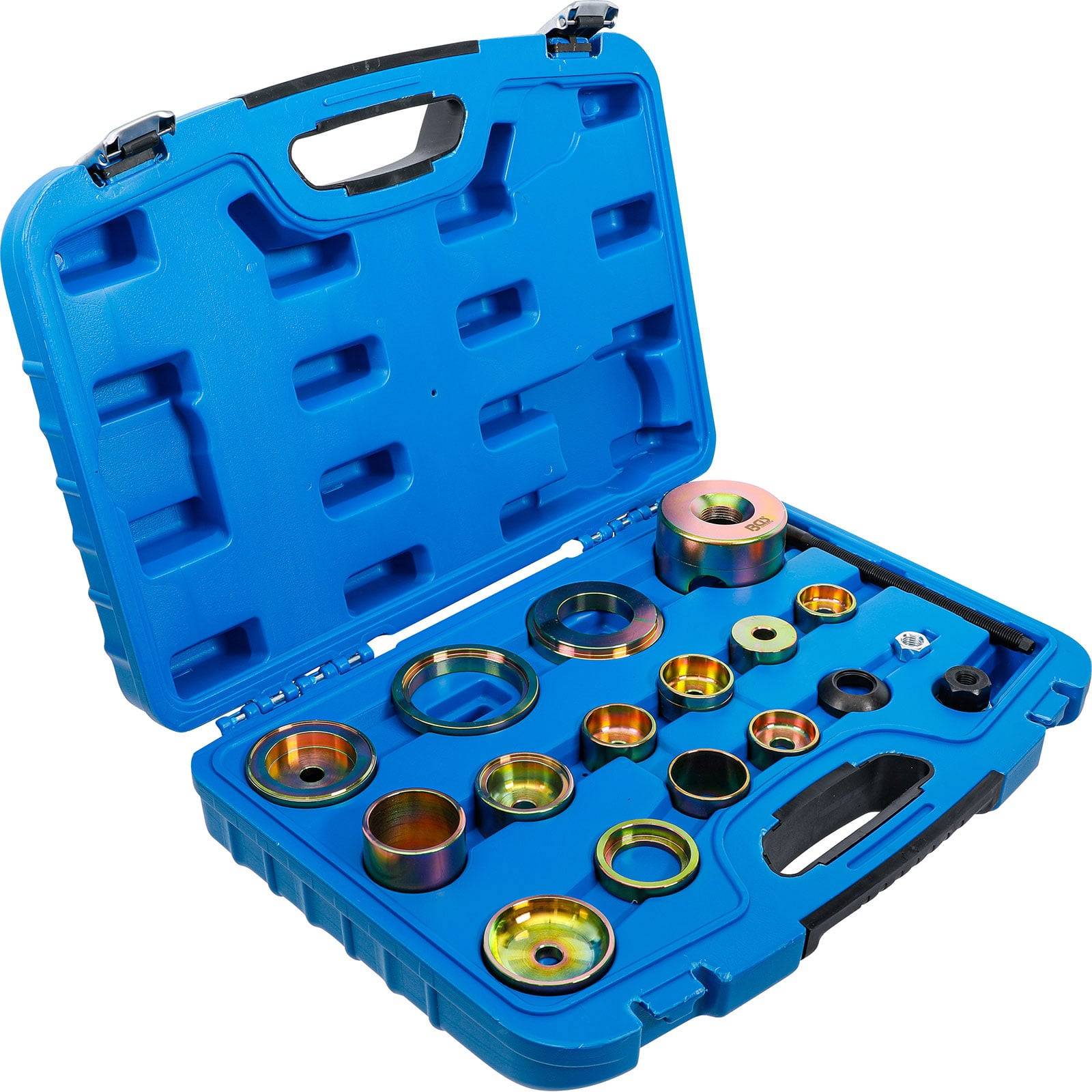 Eine offene blaue Kunststoffbox mit mehreren farbig gekennzeichneten zylindrischen Werkzeugen, die im Inneren für automotive Wartungs- und Reparaturaufgaben angeordnet sind.