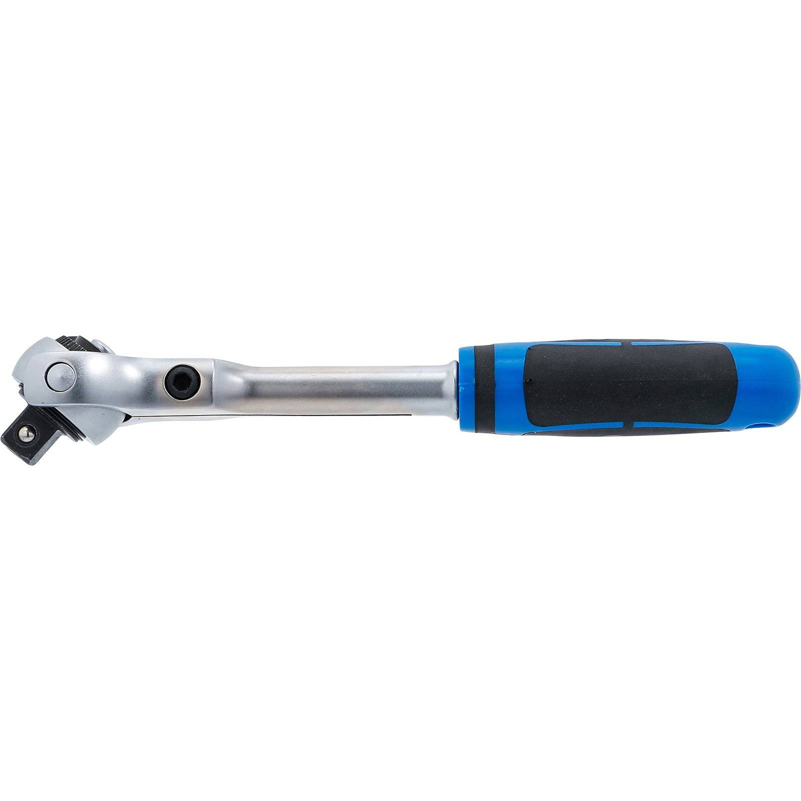 Ein silberner Knarren-Schraubenschlüssel mit einem schwarz-blauen Griff wird horizontal dargestellt.